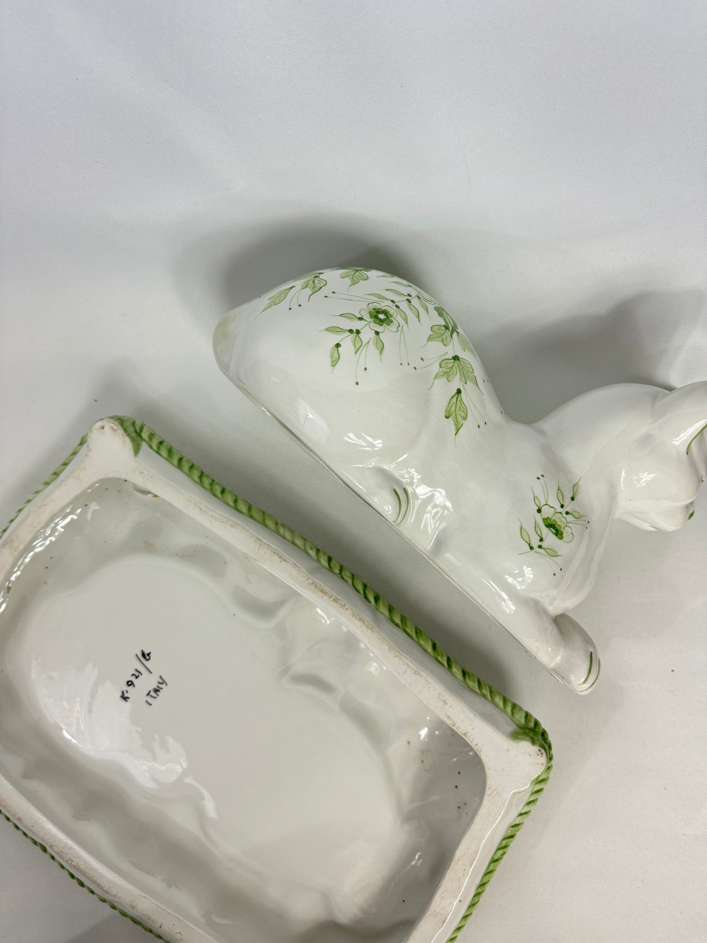 Large Italian Ceramic Green and White Hand Painted Cat | Vintage