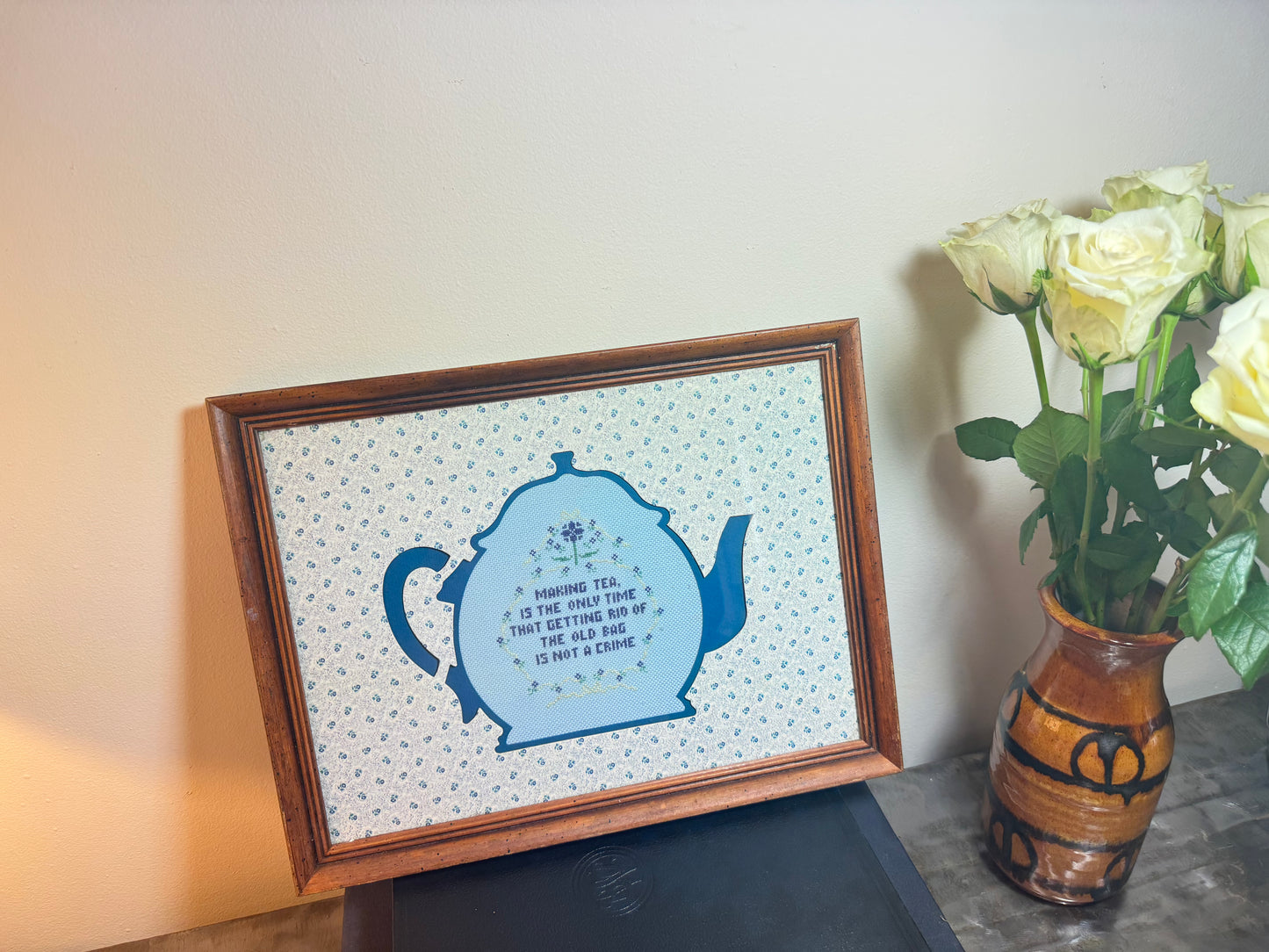 Framed Vintage Teapot Crosstitch tapestry “Morning tea is the only time that getting rid of the old bag is a crime”