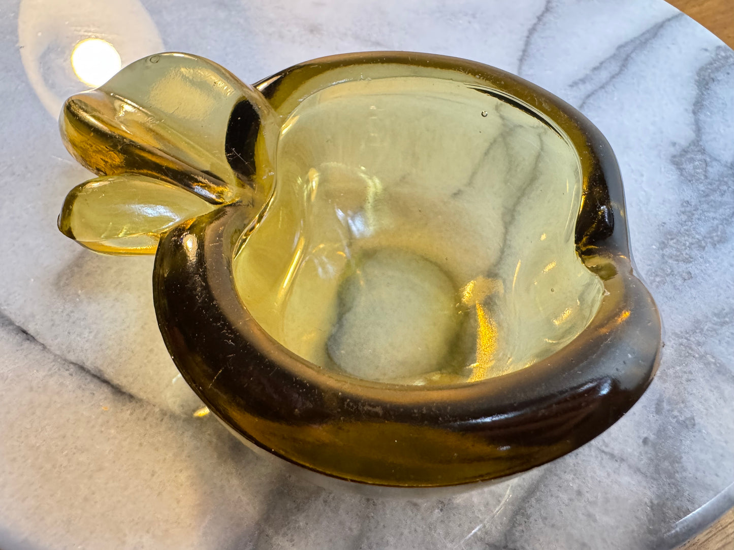 Yellow Thick Glass Apple Shaped Ashtray with Cigar Holder | Vintage Art Glass | Retro Kitsch |