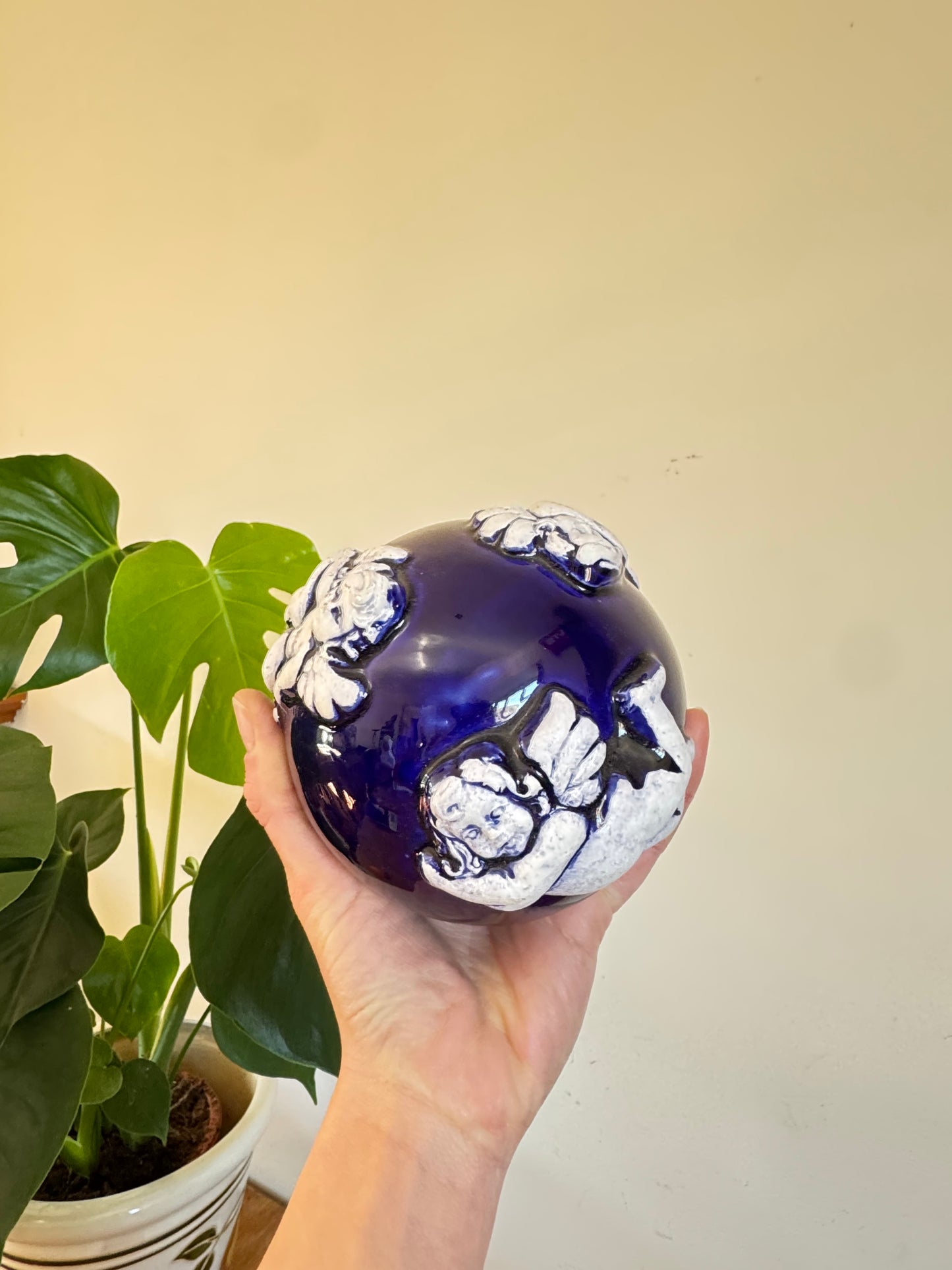 Ceramic Glazed Orb with Cherub Detail | Vintage Retro |