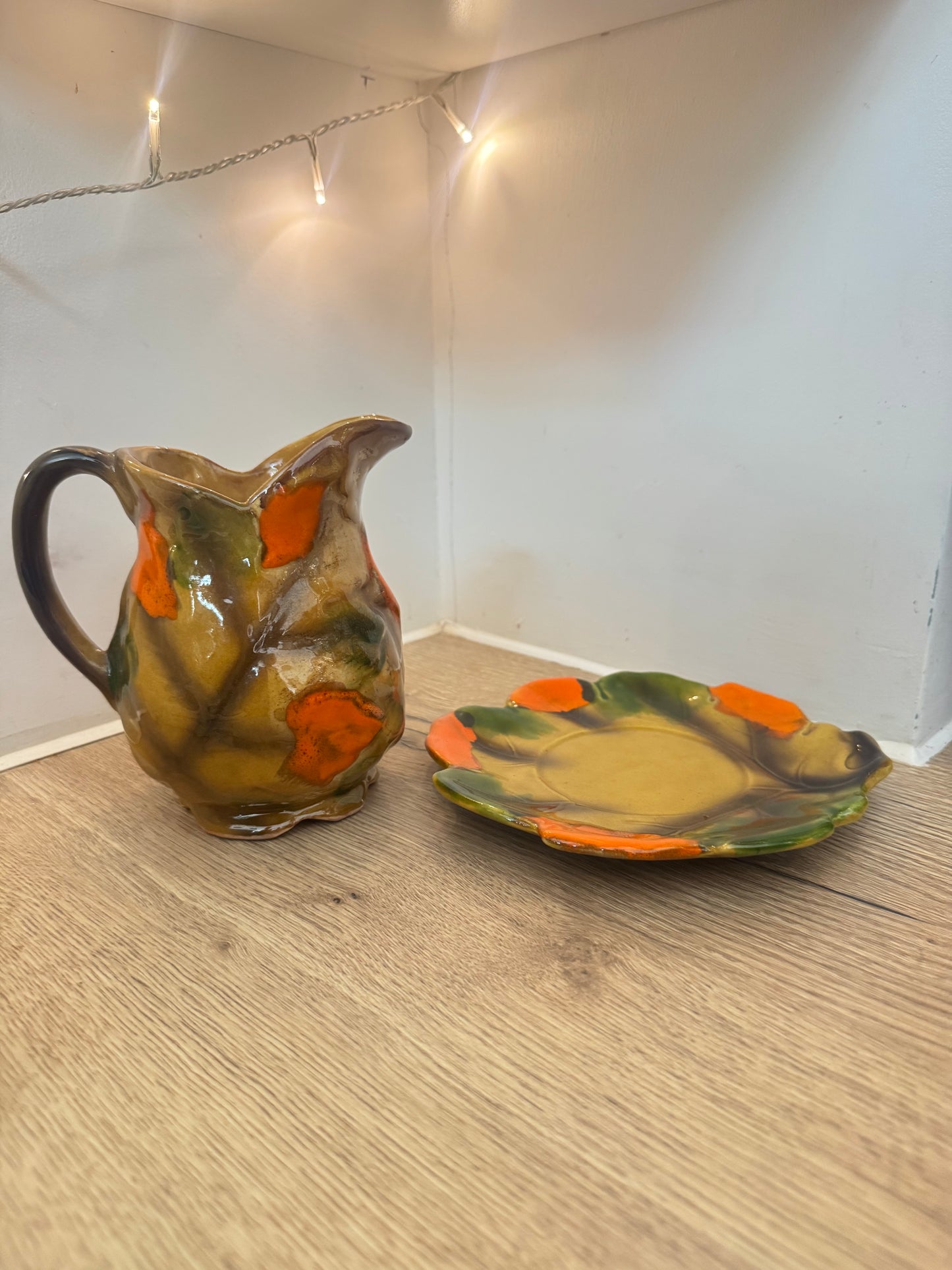 Autumn Leaves Ceramic Pitcher Jug with Saucer | Vintage Retro | Farmhouse Cottagecore |