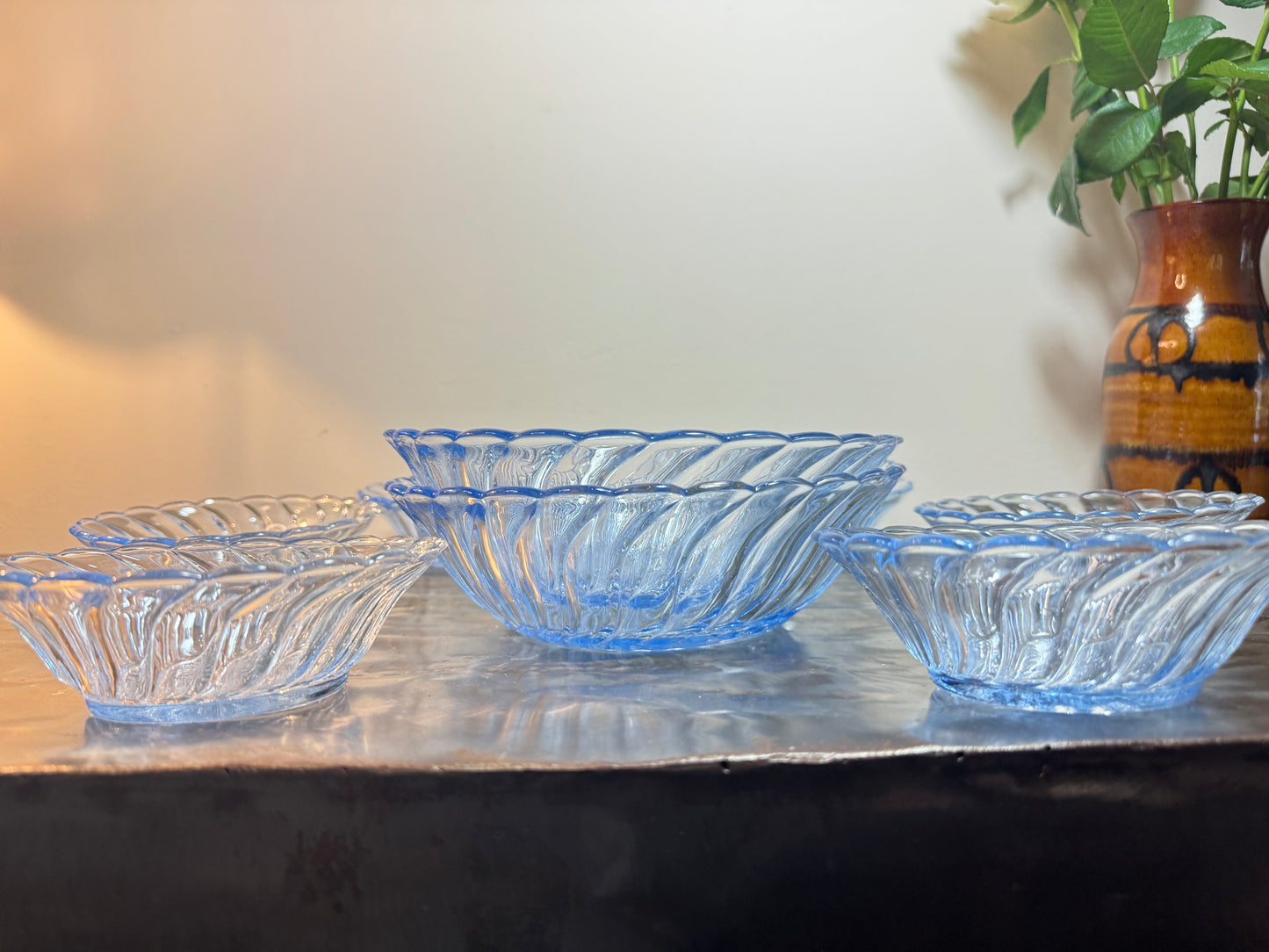 Glass Dessert Bowl Set. Bagley England. Vintage Depression Glass.