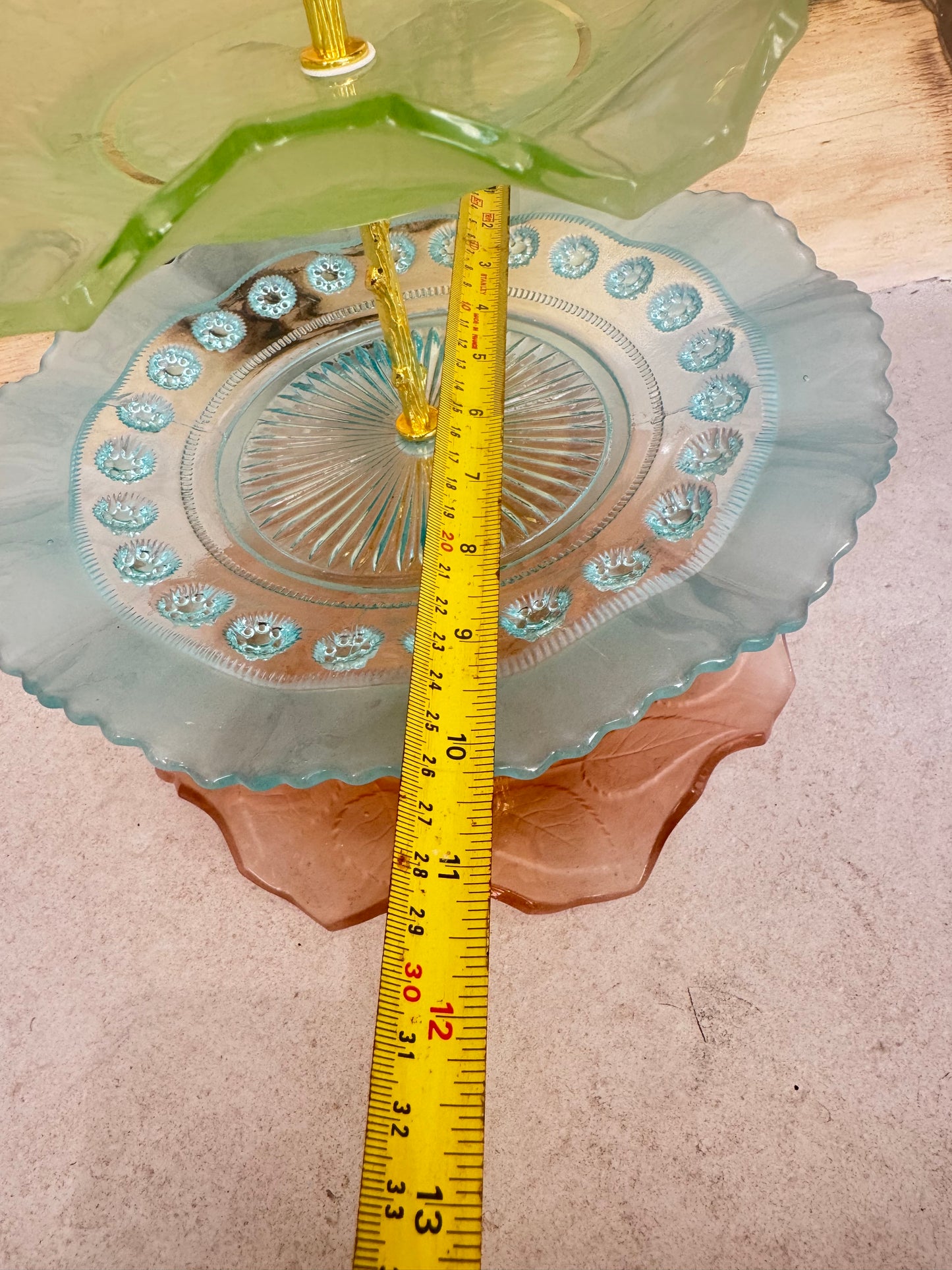 3-Tier Mismatched Coloured Glass Cake Stand with Gold Leaf Handle | Afternoon Tea Dinner Party | Kitsch Quirky | Vintage Retro |