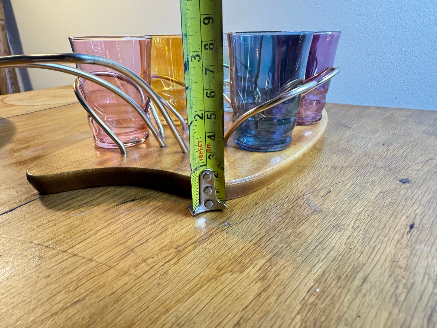Set of Six Coloured Shot Glasses and a Wooden Serving Tray Stand Wyncraft | 1960s | Made in England | Vintage Retro |