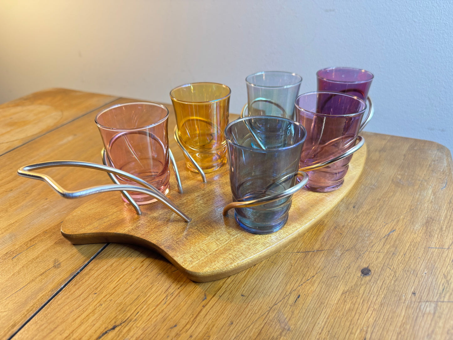 Set of Six Coloured Shot Glasses and a Wooden Serving Tray Stand Wyncraft | 1960s | Made in England | Vintage Retro |