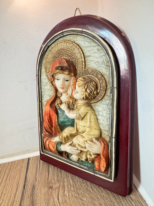 Ceramic Religious Wall Hanging of Mary and Baby Jesus on Wooden Plaque | Madonna & Child Plaque | Vintage Holy Icon |