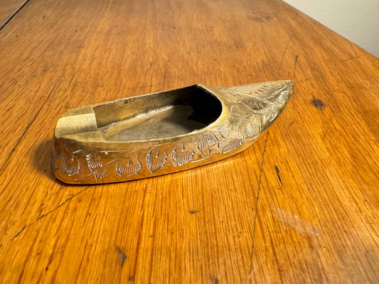 Small Brass Shoe/Slipper Miniature Ashtray | Vintage Retro Quirky | Hand Etched |
