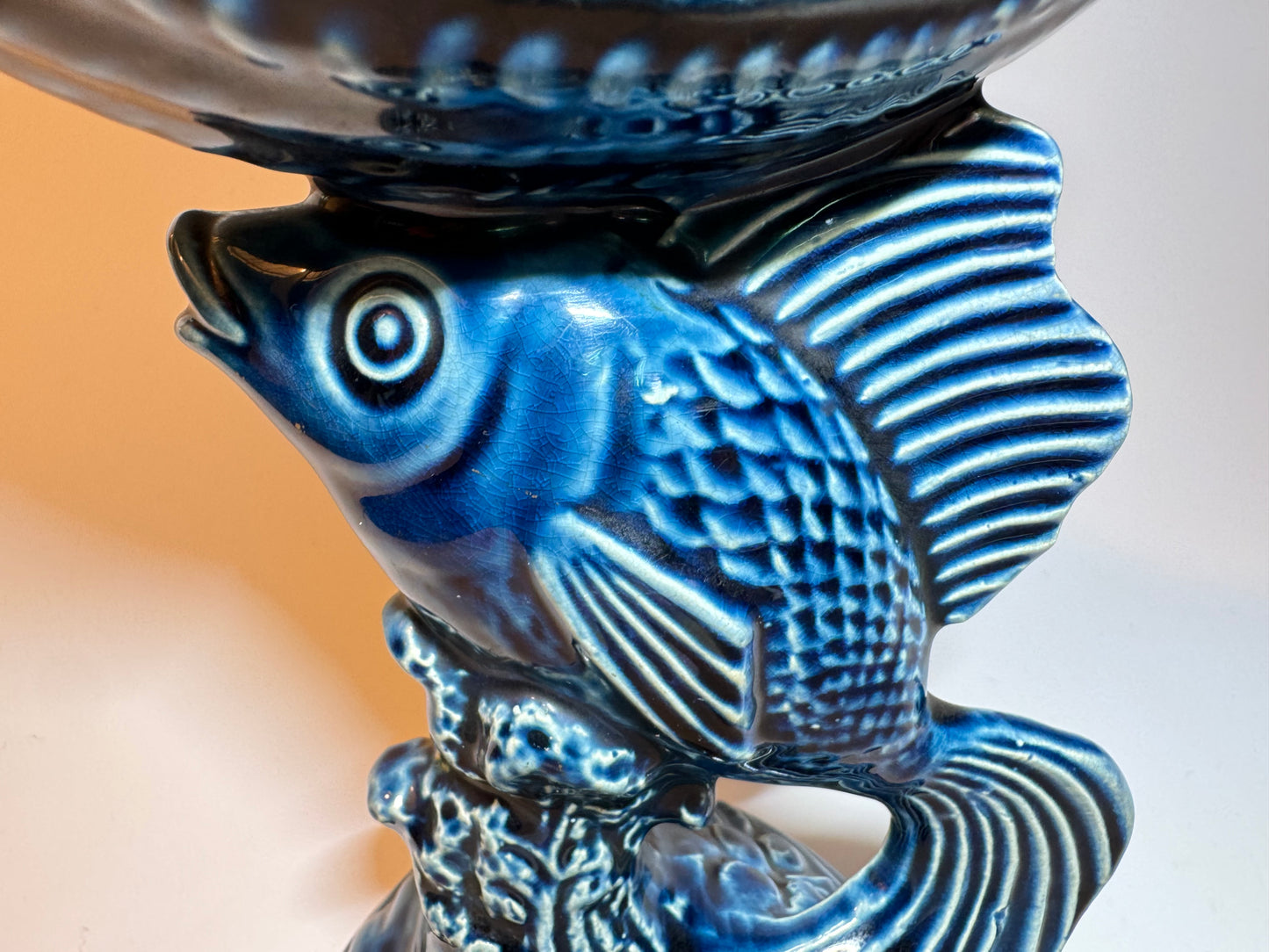 Devonway Pottery Deep Blue Fish Dish Bowl | Pedestal Bowl | Vintage Retro | Quirky Unique |