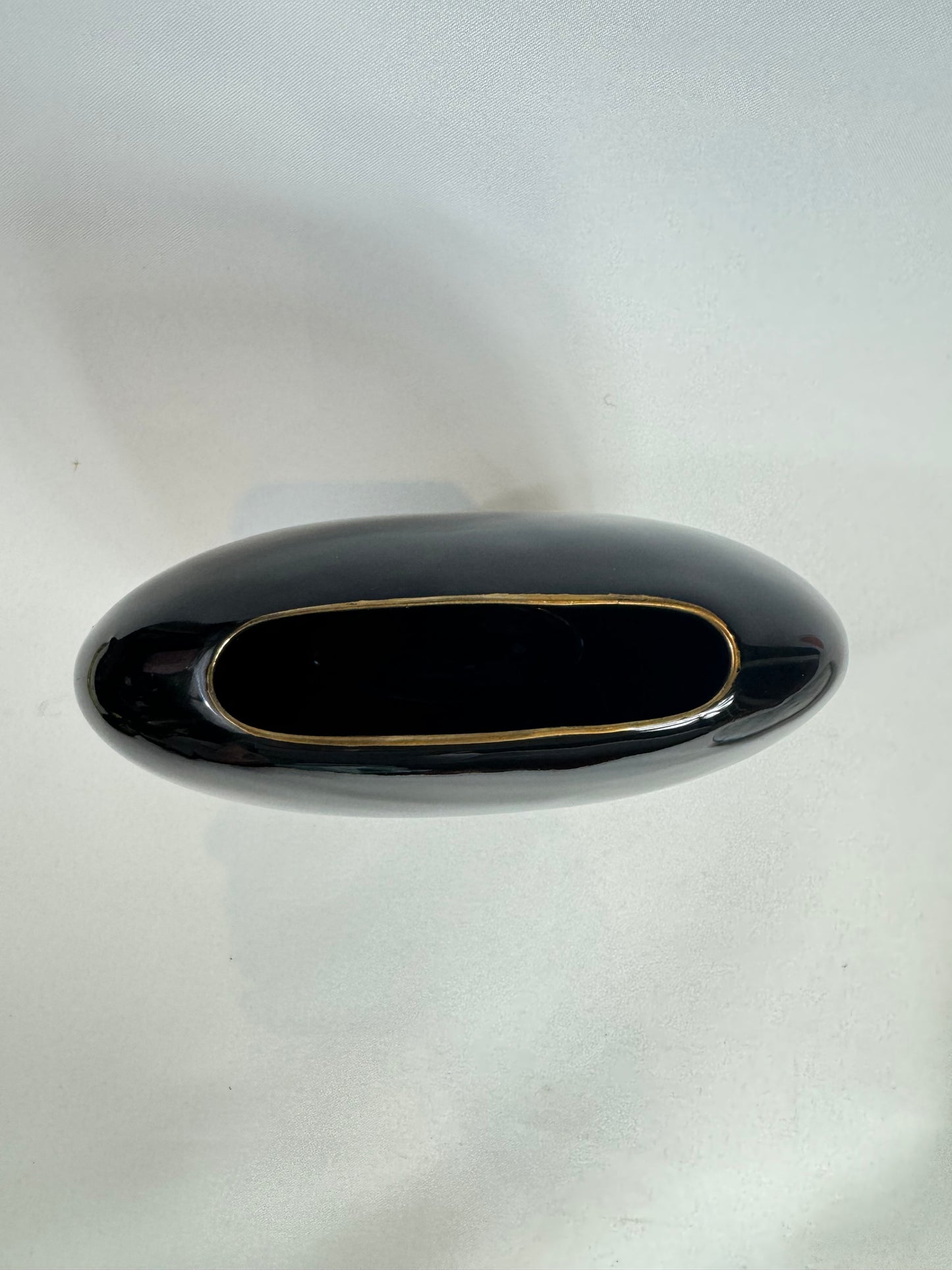 Black Ceramic Flat Vase with Gold and Floral Detail | Vintage Retro |