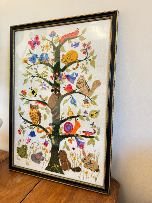 Vintage Dimensions Tree of Life Crewel by Ellen Silver 1981 | Completed Framed | Animals and Tree | Retro | Folk Art | Quirky Unique Kitsch |