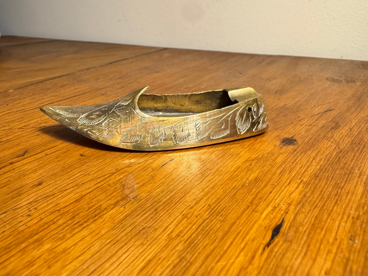 Small Brass Shoe/Slipper Miniature Ashtray | Vintage Retro Quirky | Hand Etched |