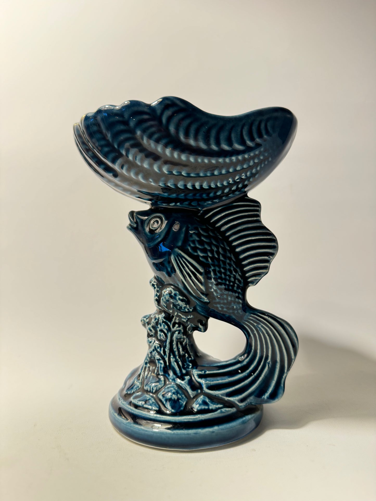 Devonway Pottery Deep Blue Fish Dish Bowl | Pedestal Bowl | Vintage Retro | Quirky Unique |