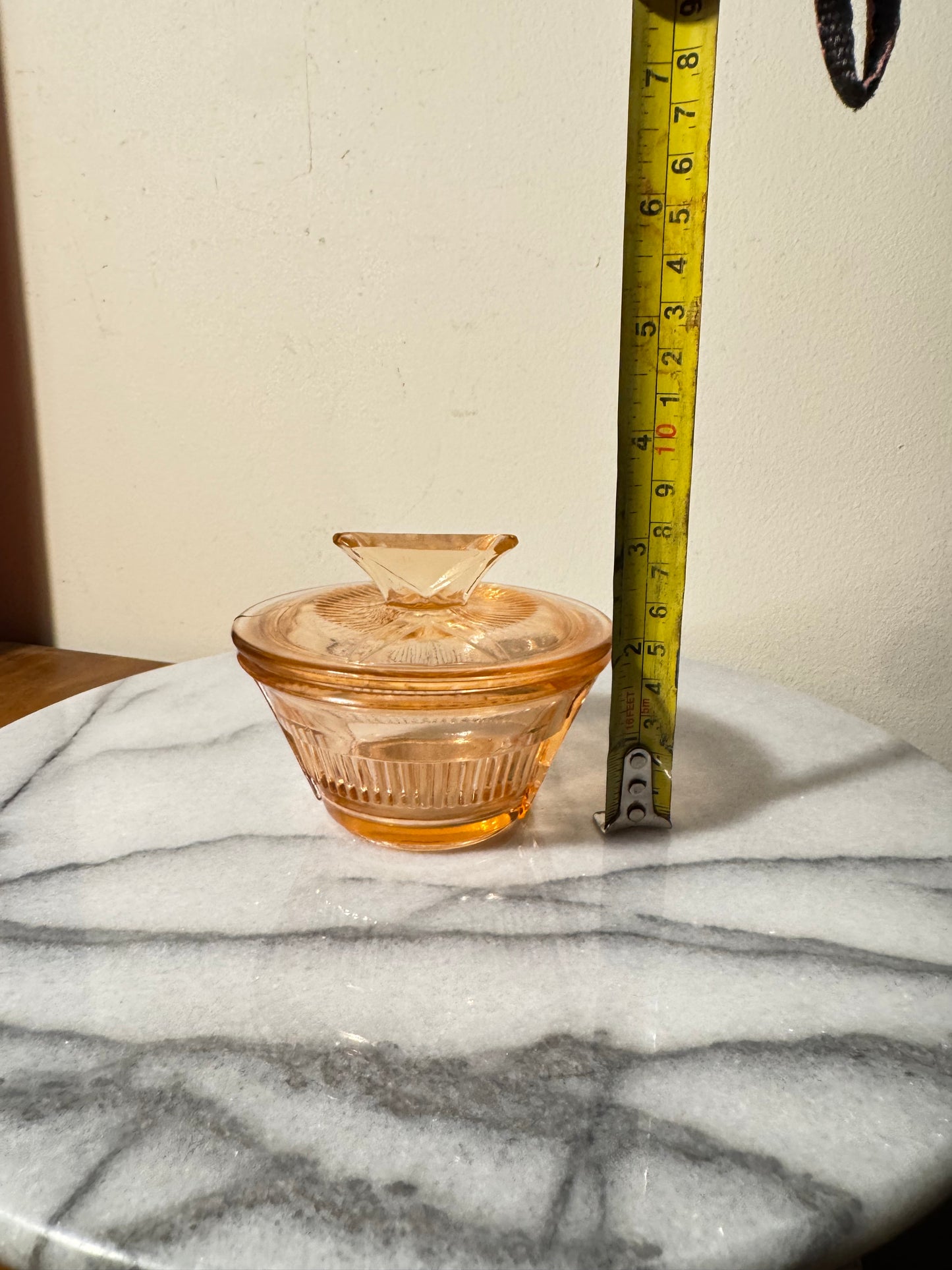 Small Pressed Glass Trinket Vanity Dish with Lid | Art Deco Vintage Retro | Pink |