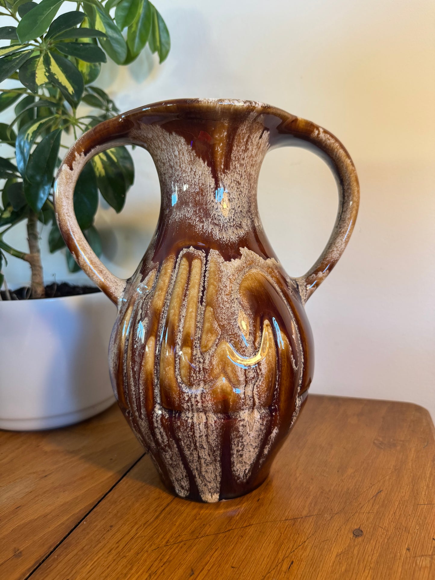 Large Ceramic Vase with Drip Glaze | Twin Double Handle | Vintage Retro Home decor |