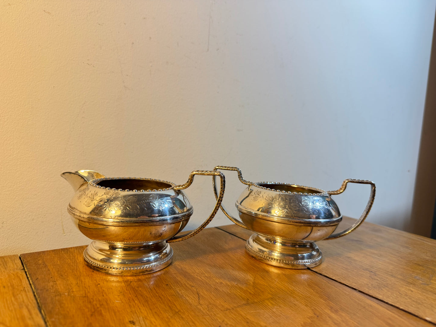 Silver Plated Sugar Bowl and Milk Jug | Hand Engraved | Made in England |