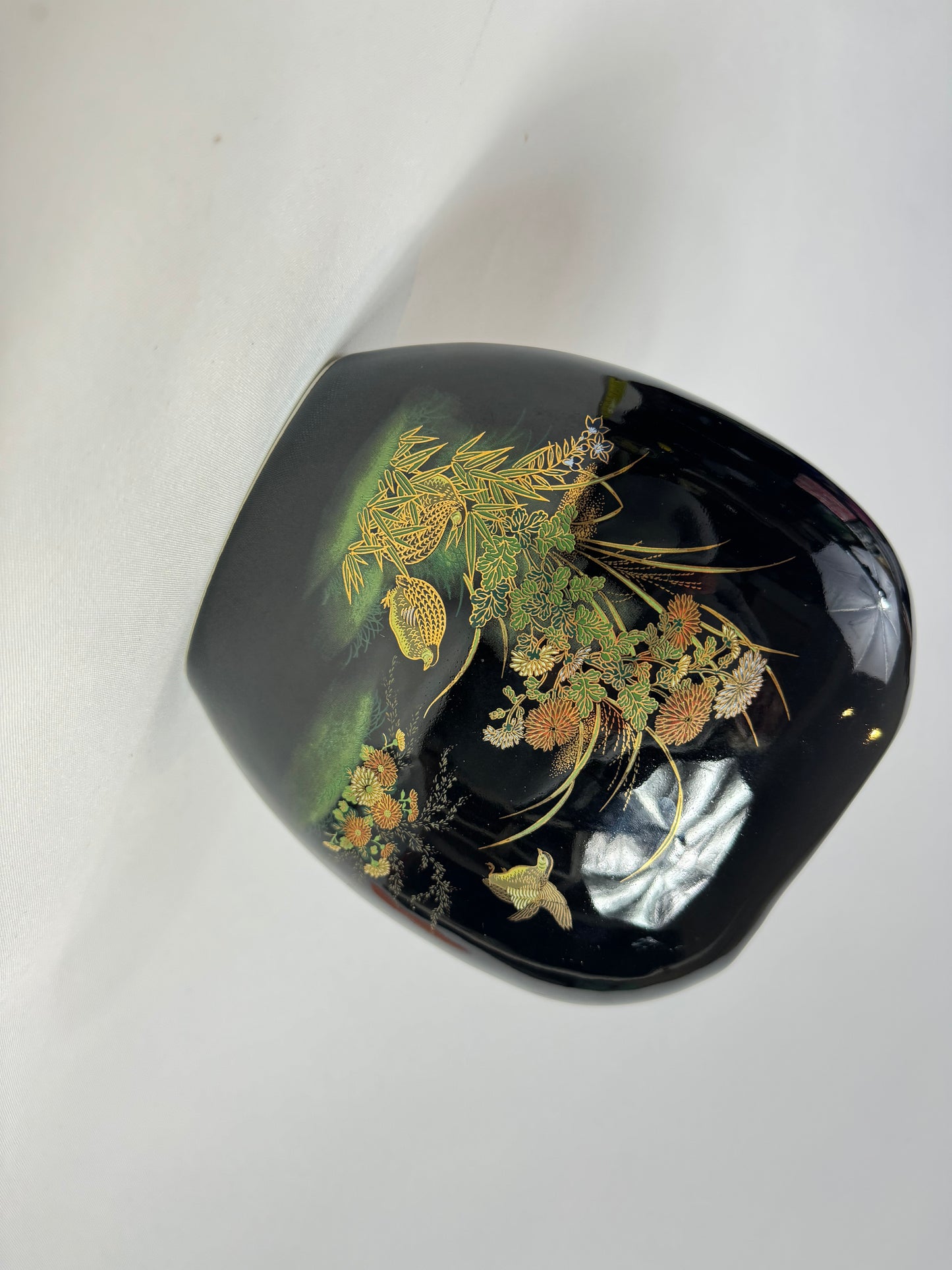 Black Ceramic Flat Vase with Gold and Floral Detail | Vintage Retro |