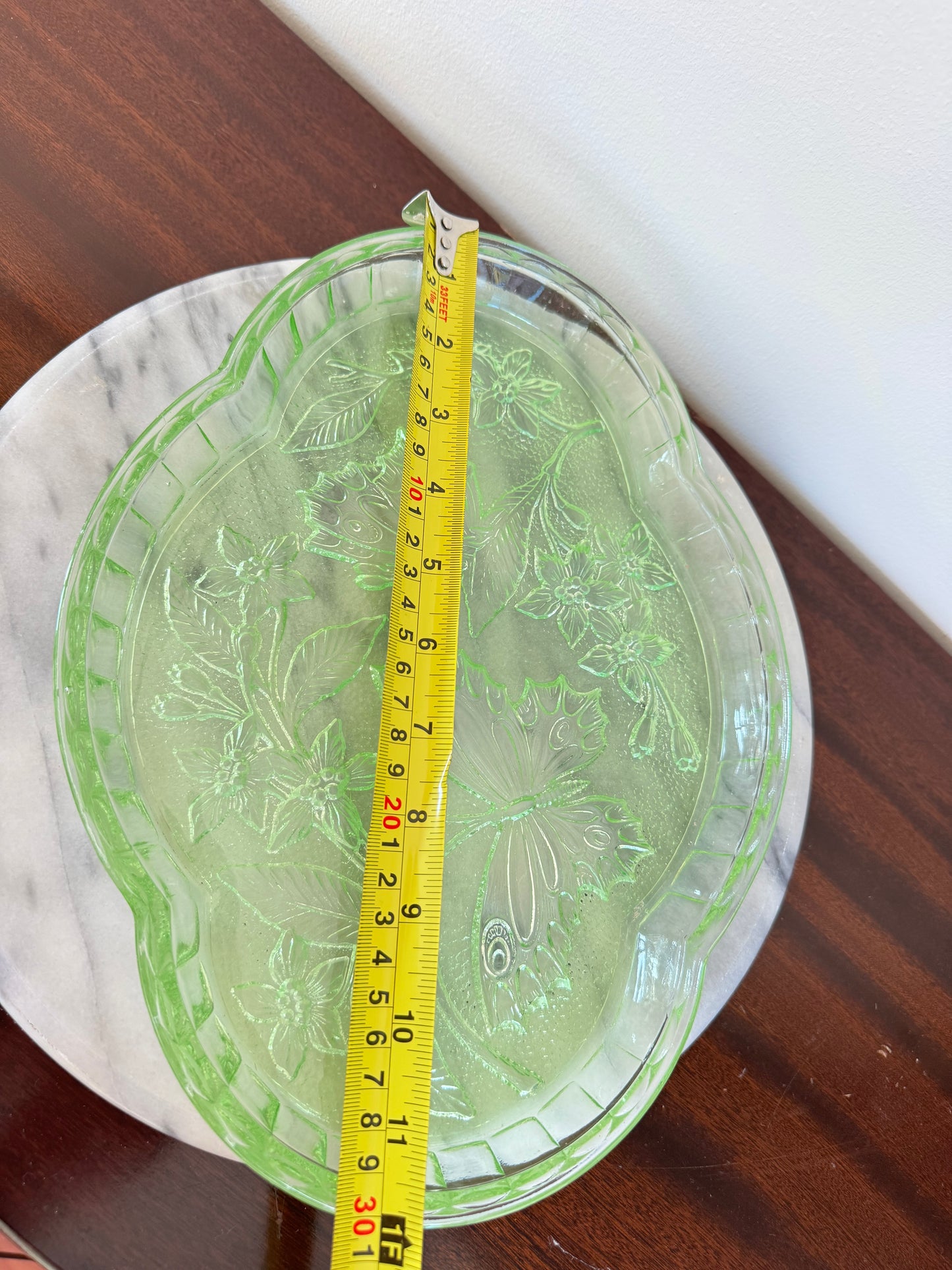 Sowerby 1930’s Green Cut Glass Vanity Tray | Butterfly Floral Pattern | Dressing Table | Retro Unique |