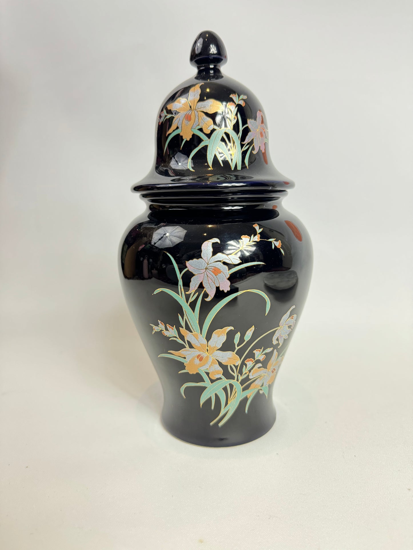 Large Italian Black Porcelain Ginger Jar with Gold and Floral Detail | Vintage