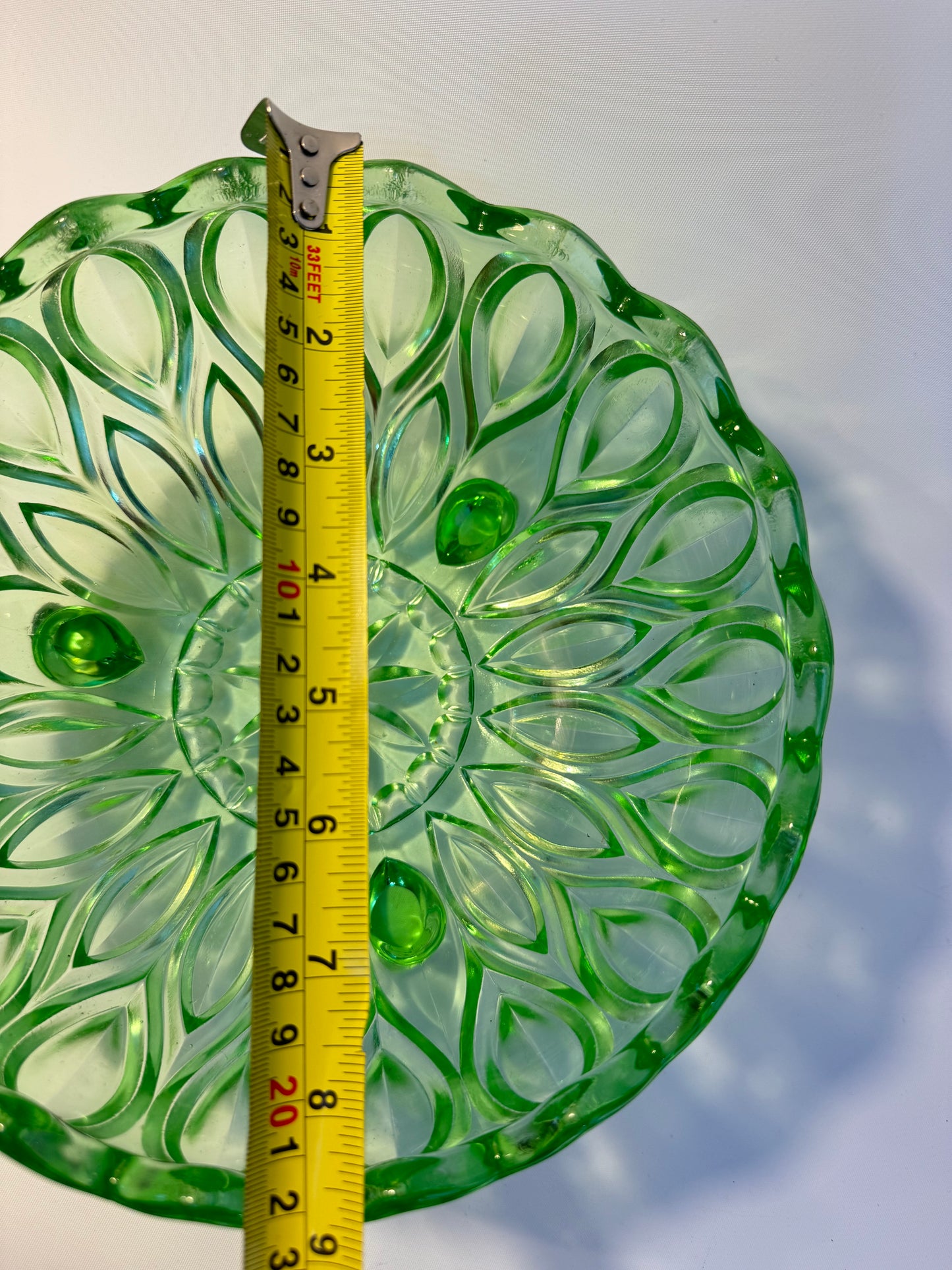 Green Cut Glass Large Bowl | Fruit Bowl | Art Deco | Footed Bowl | Vintage Retro |