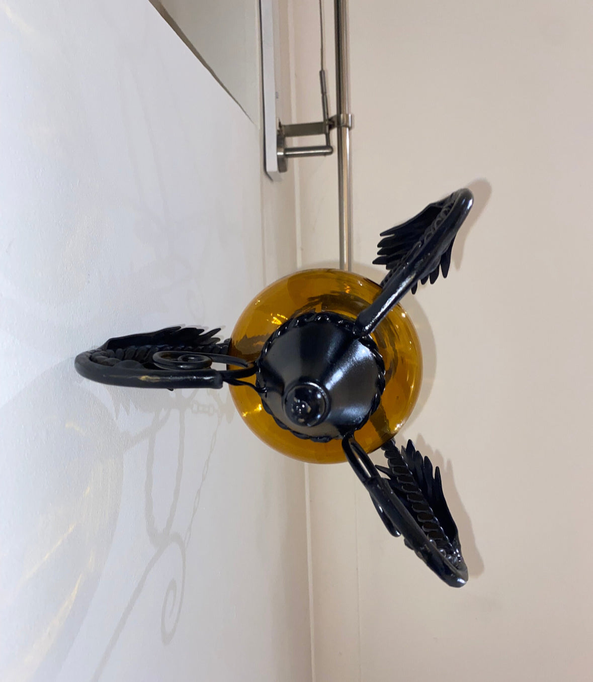 Antique Italian Hand Blown Venetian Amber Glass & Black Wrought Iron Ceiling Pendant Light | Gothic | Spanish | Medieval | Vintage Lantern
