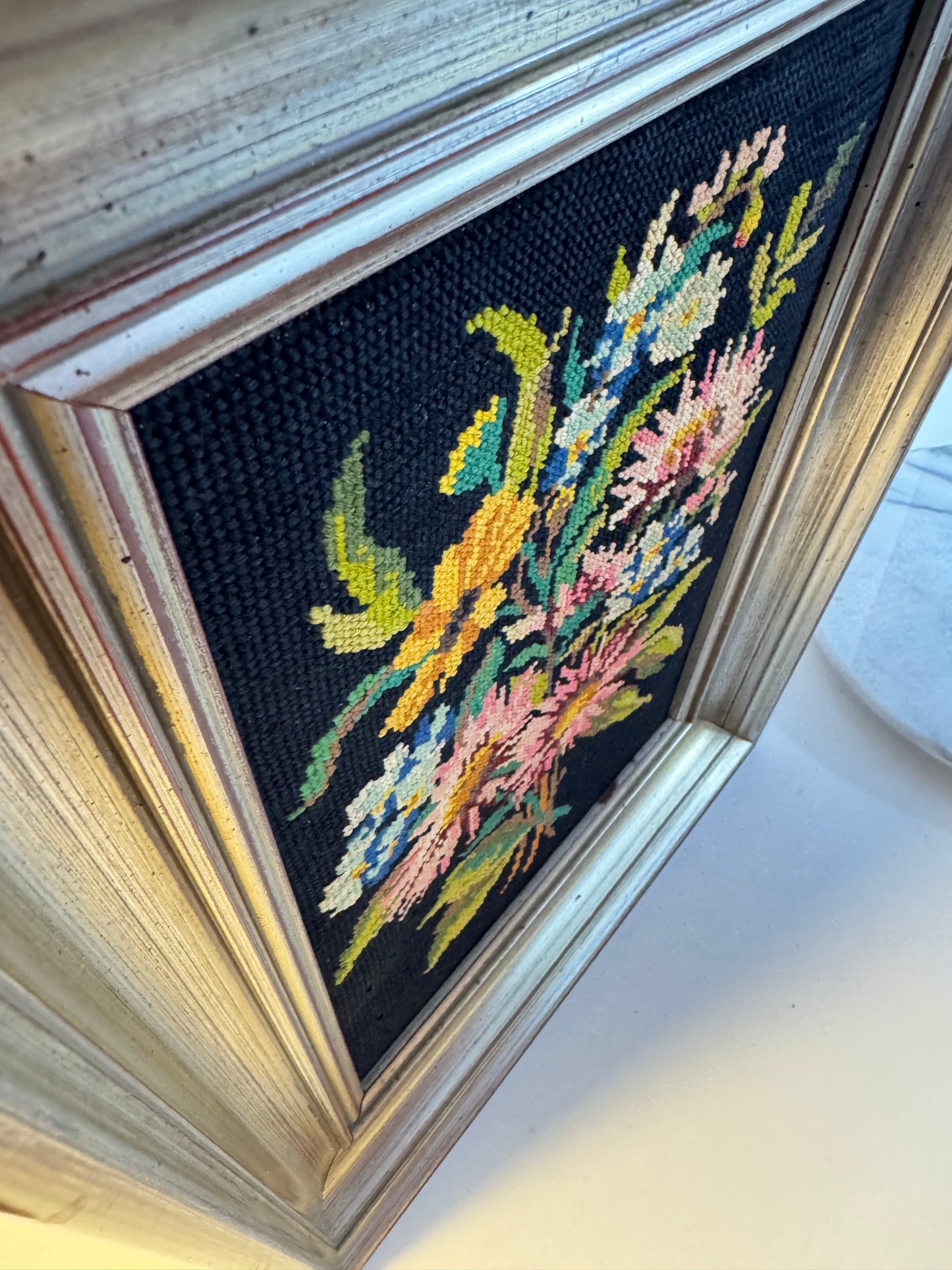 Vibrant Floral Needlepoint in Wooden Frame | Peonies | Wildflowers | Vintage Retro Decor |