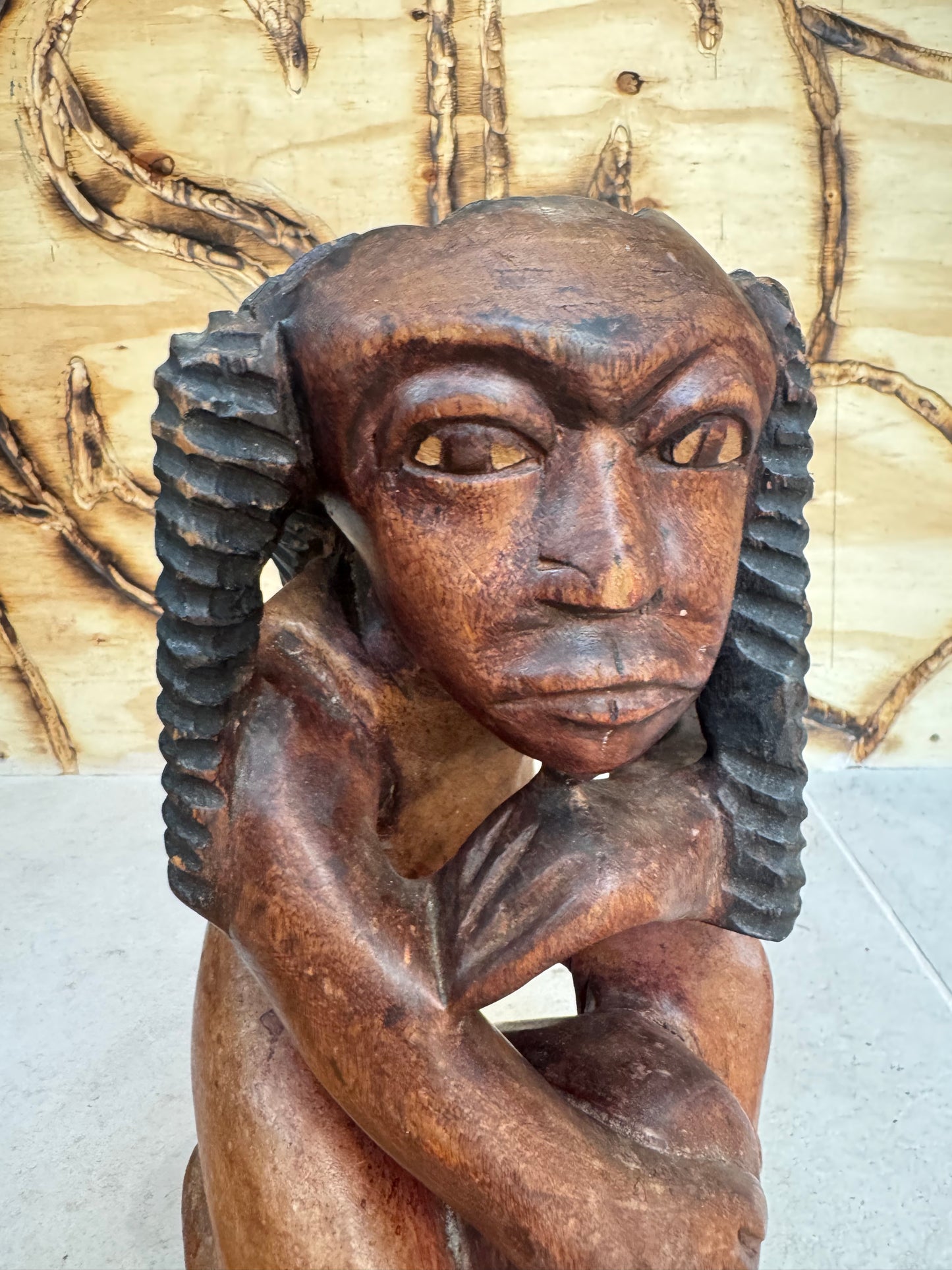 Hand Carved African Wooden Statue Sculpture of Sitting Man | Vintage Retro | Quirky Unique Decor |