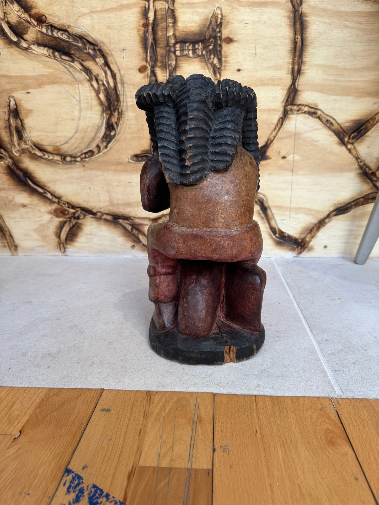 Hand Carved African Wooden Statue Sculpture of Sitting Man | Vintage Retro | Quirky Unique Decor |