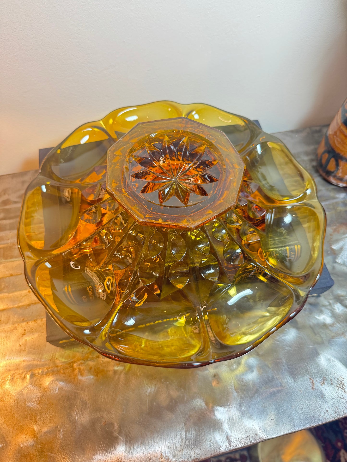 Large Art Deco Amber Depression Glass Bowl | Vintage Retro | Fruit Bowl