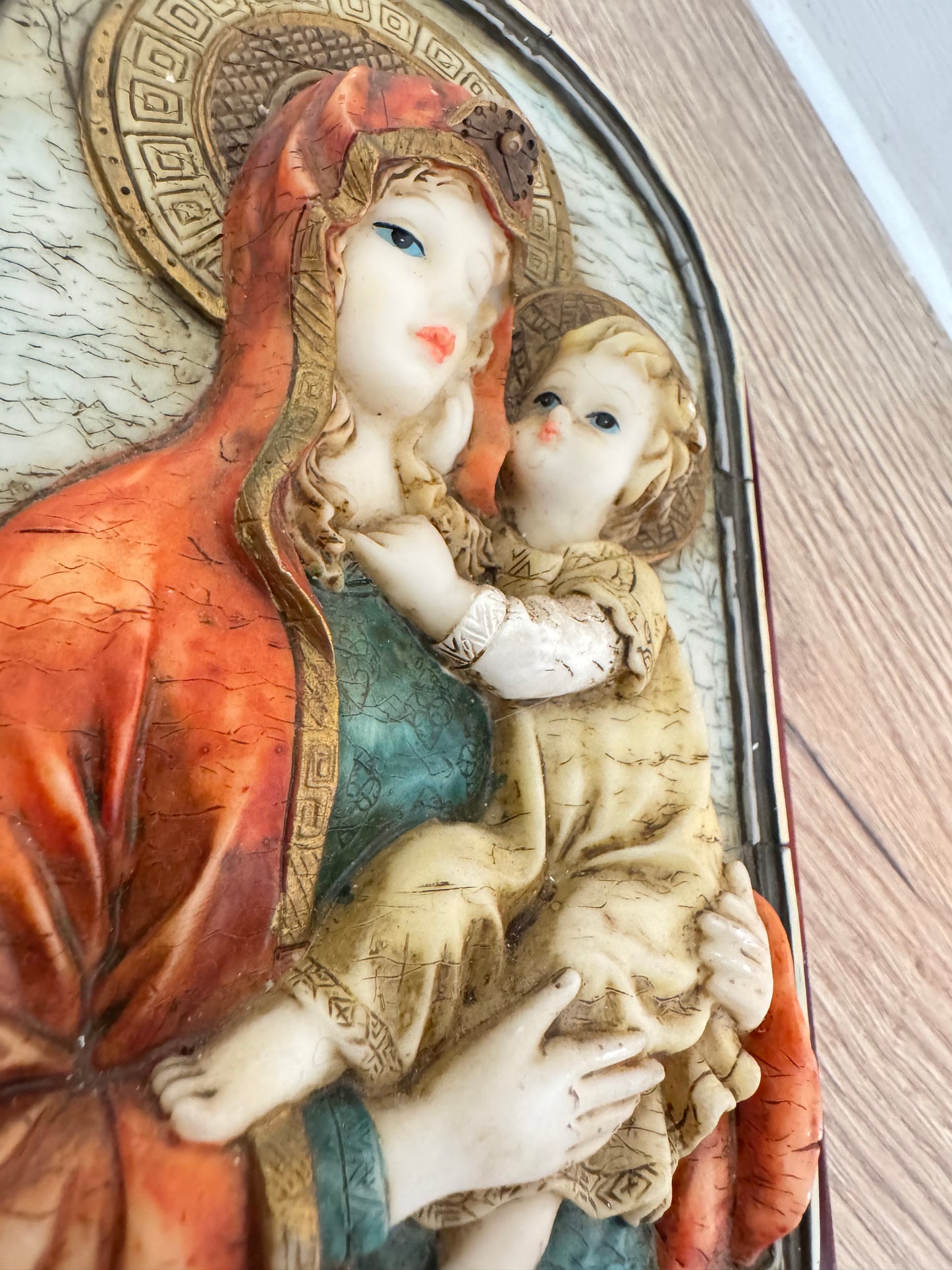 Ceramic Religious Wall Hanging of Mary and Baby Jesus on Wooden Plaque | Madonna & Child Plaque | Vintage Holy Icon |