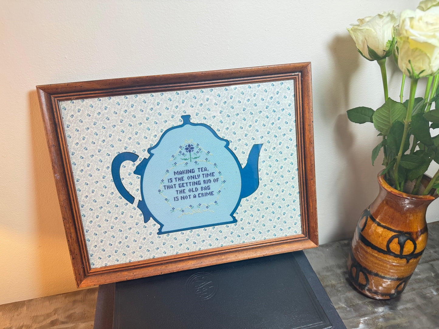 Framed Vintage Teapot Crosstitch tapestry “Morning tea is the only time that getting rid of the old bag is a crime”