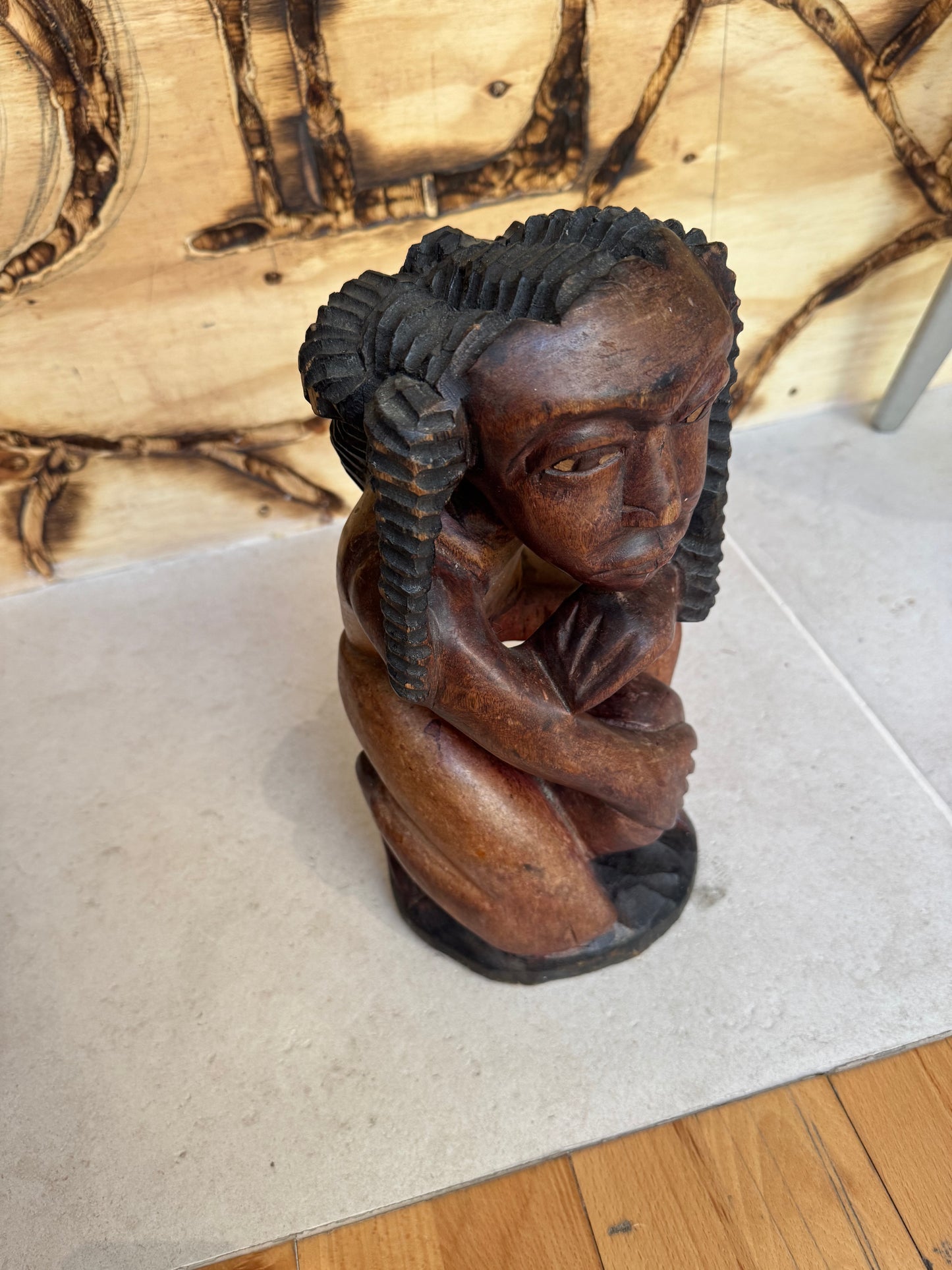 Hand Carved African Wooden Statue Sculpture of Sitting Man | Vintage Retro | Quirky Unique Decor |