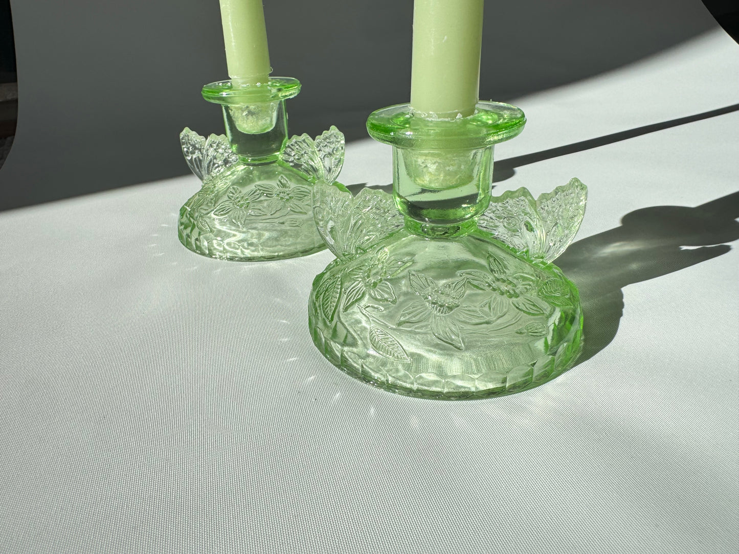 Sowerby 1930’s Green Cut Glass Art Deco Butterfly Candlestick Holders | Set of 2 | Vintage Retro | Angel Wings |