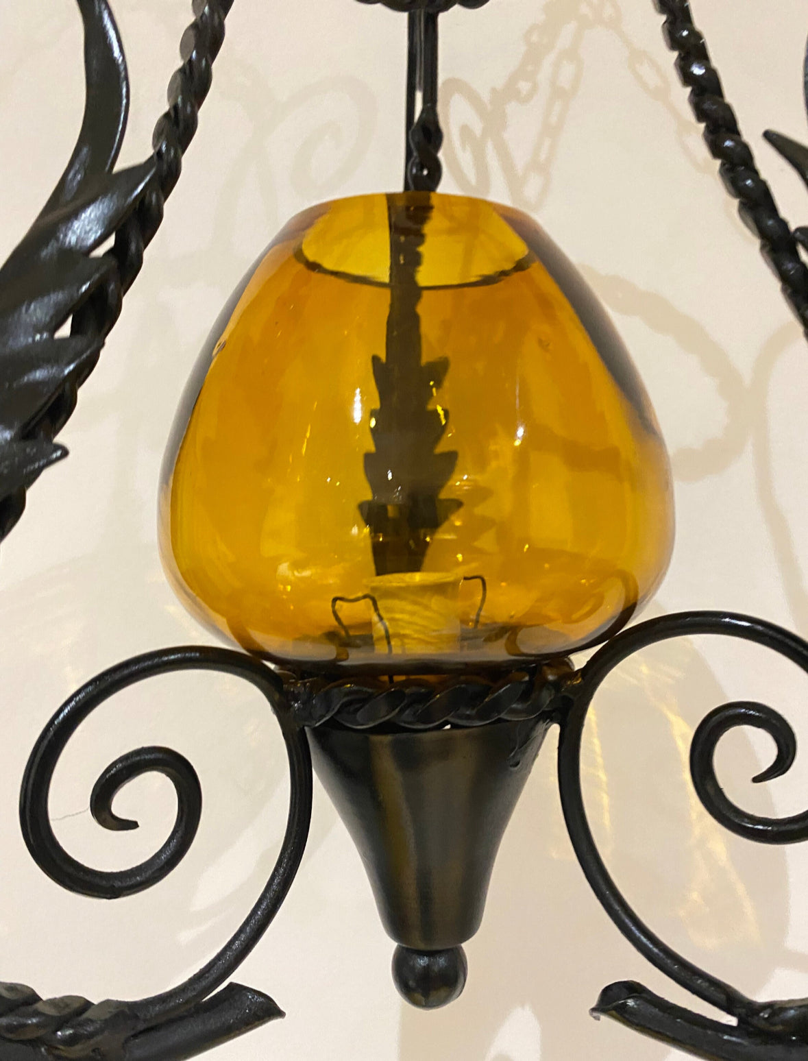 Antique Italian Hand Blown Venetian Amber Glass & Black Wrought Iron Ceiling Pendant Light | Gothic | Spanish | Medieval | Vintage Lantern