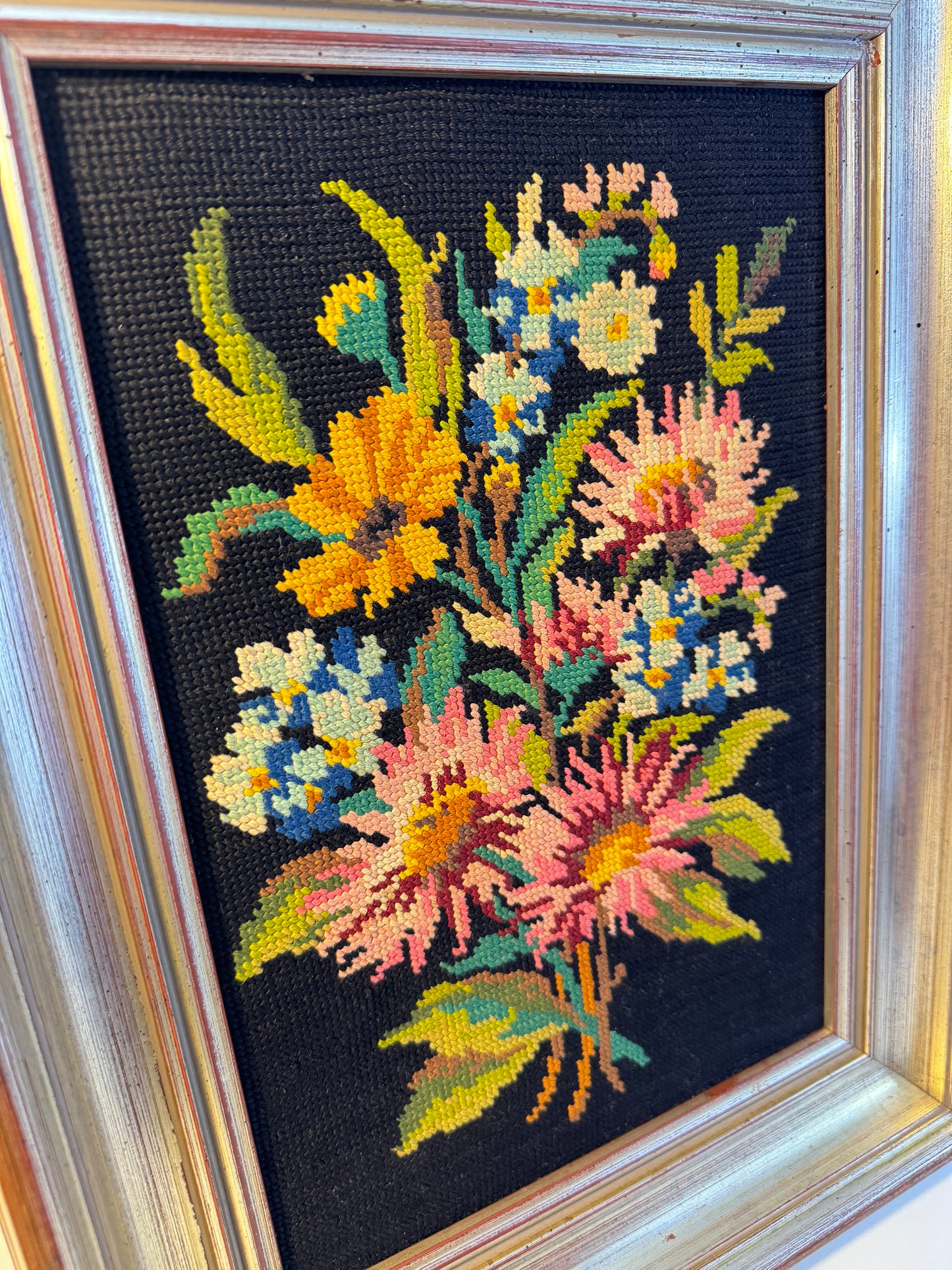 Vibrant Floral Needlepoint in Wooden Frame | Peonies | Wildflowers | Vintage Retro Decor |