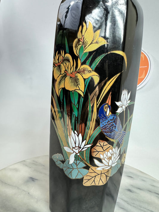 Large Black Porcelain Vase with Gold and Floral Detail | Vintage