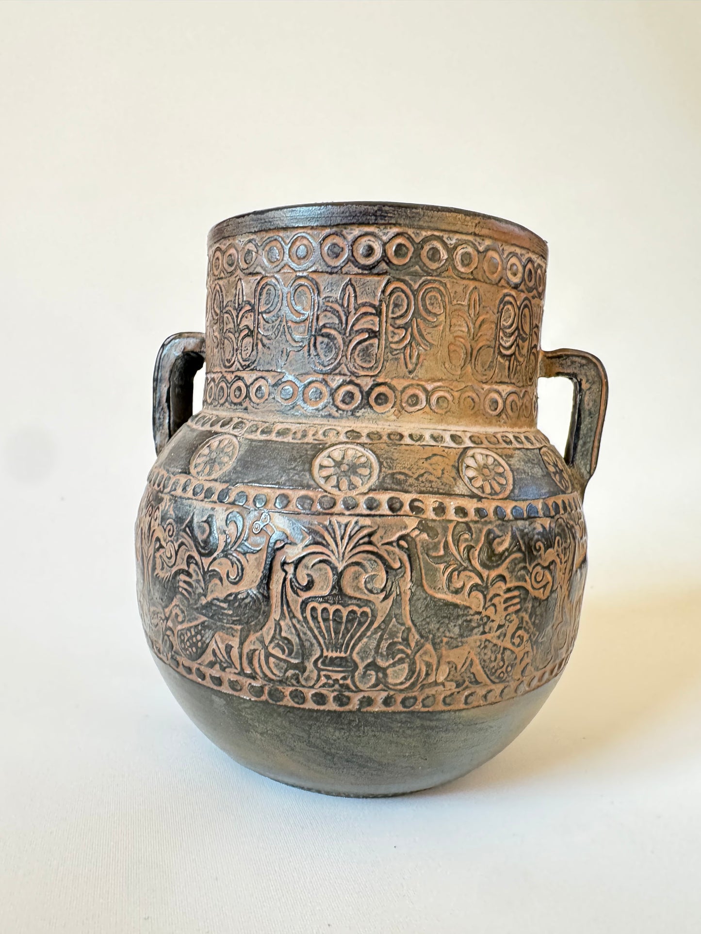 Greek Pottery Vase | Double Handled Urn Style Vase | Grecian | Mid Century MCM | Bird Pattern |