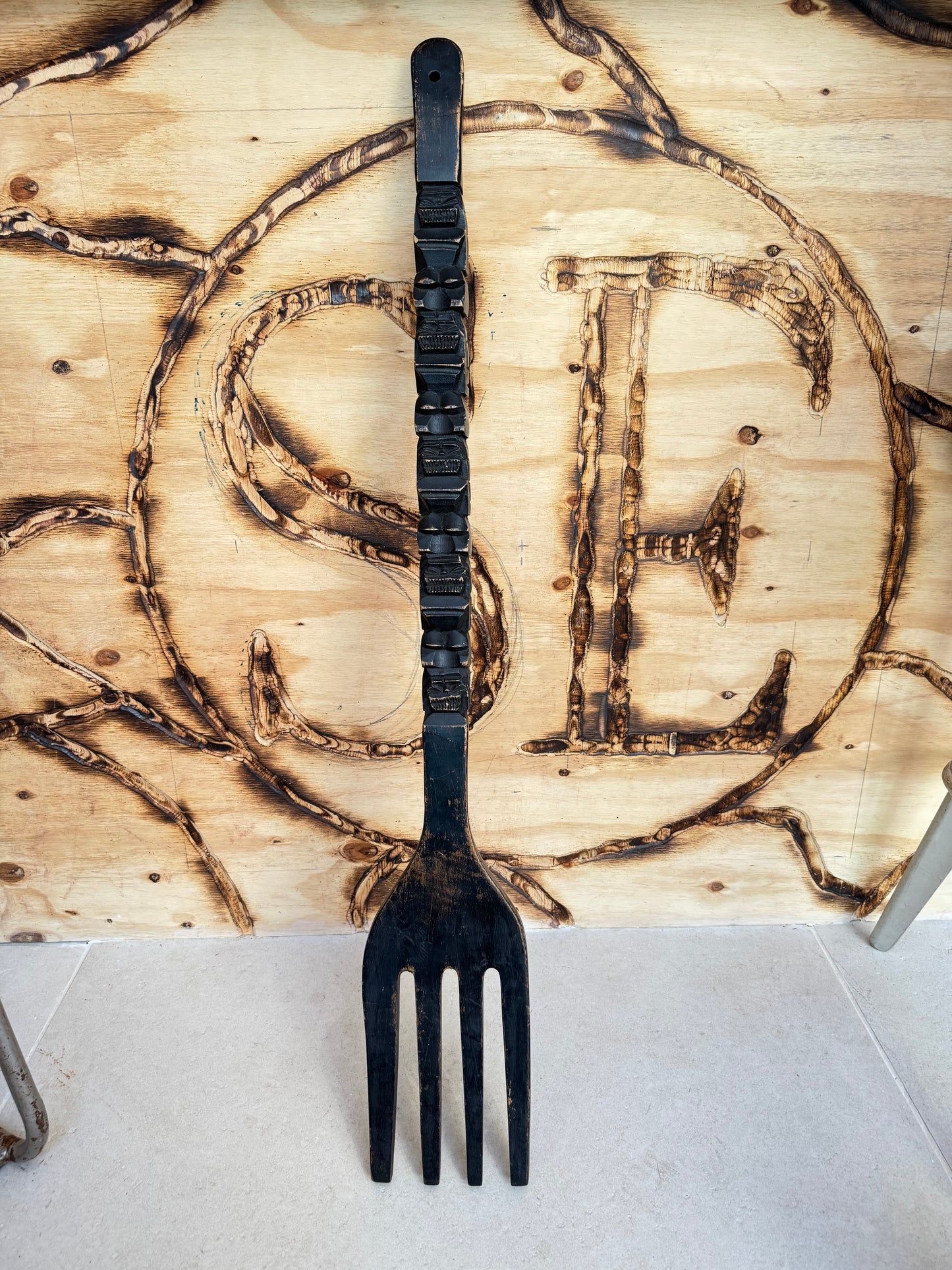 Oversized Hand-Carved Decorative Fork | Tribal Totem Style | Quirky Unique |
