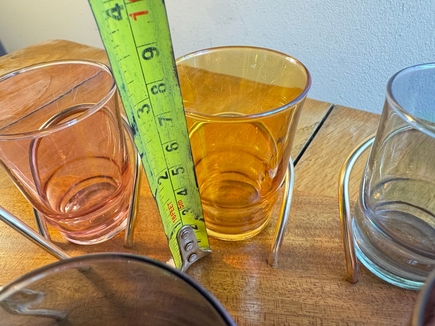 Set of Six Coloured Shot Glasses and a Wooden Serving Tray Stand Wyncraft | 1960s | Made in England | Vintage Retro |