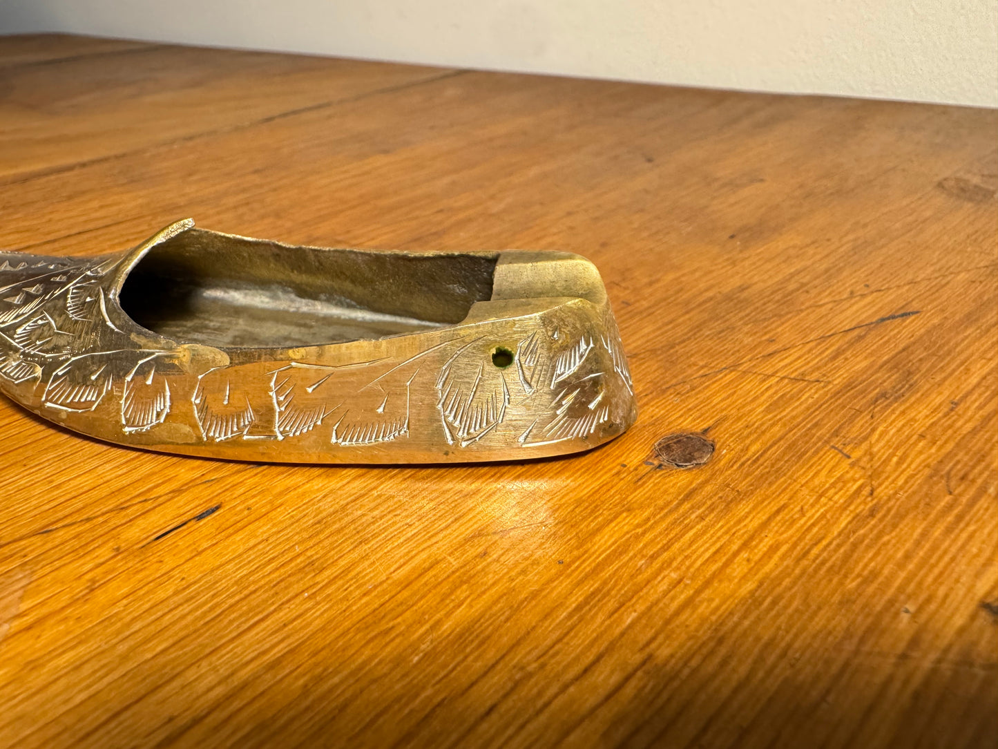 Small Brass Shoe/Slipper Miniature Ashtray | Vintage Retro Quirky | Hand Etched |