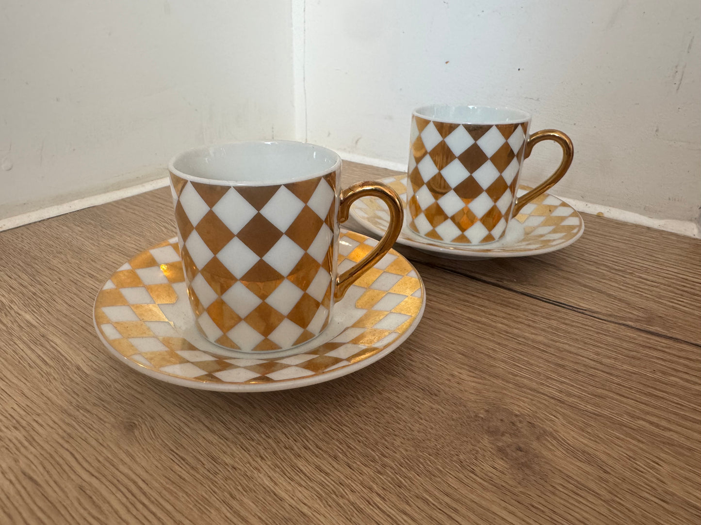 Pair of Gold and White Checkered Espresso Cups & Saucers | Coffee | Vintage Retro |