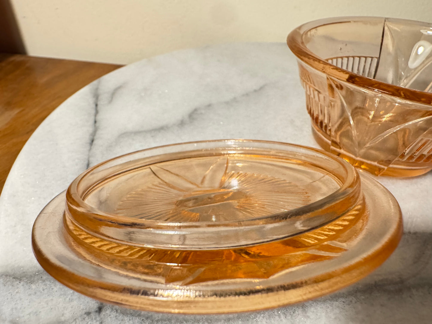 Small Pressed Glass Trinket Vanity Dish with Lid | Art Deco Vintage Retro | Pink |