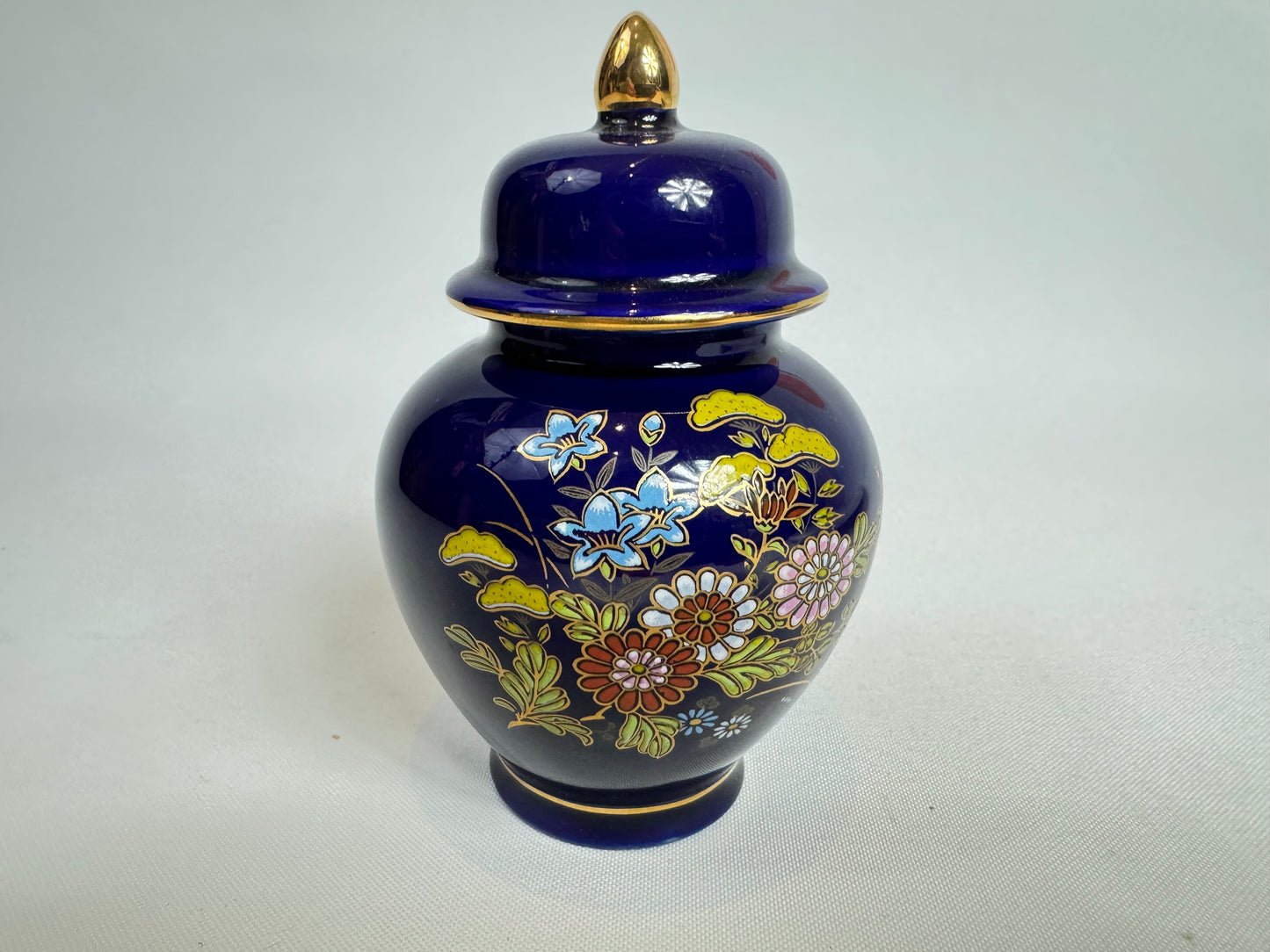 Miniature Japanese Ginger Jar Deep Blue with Gold Trim and Floral Detail Vintage