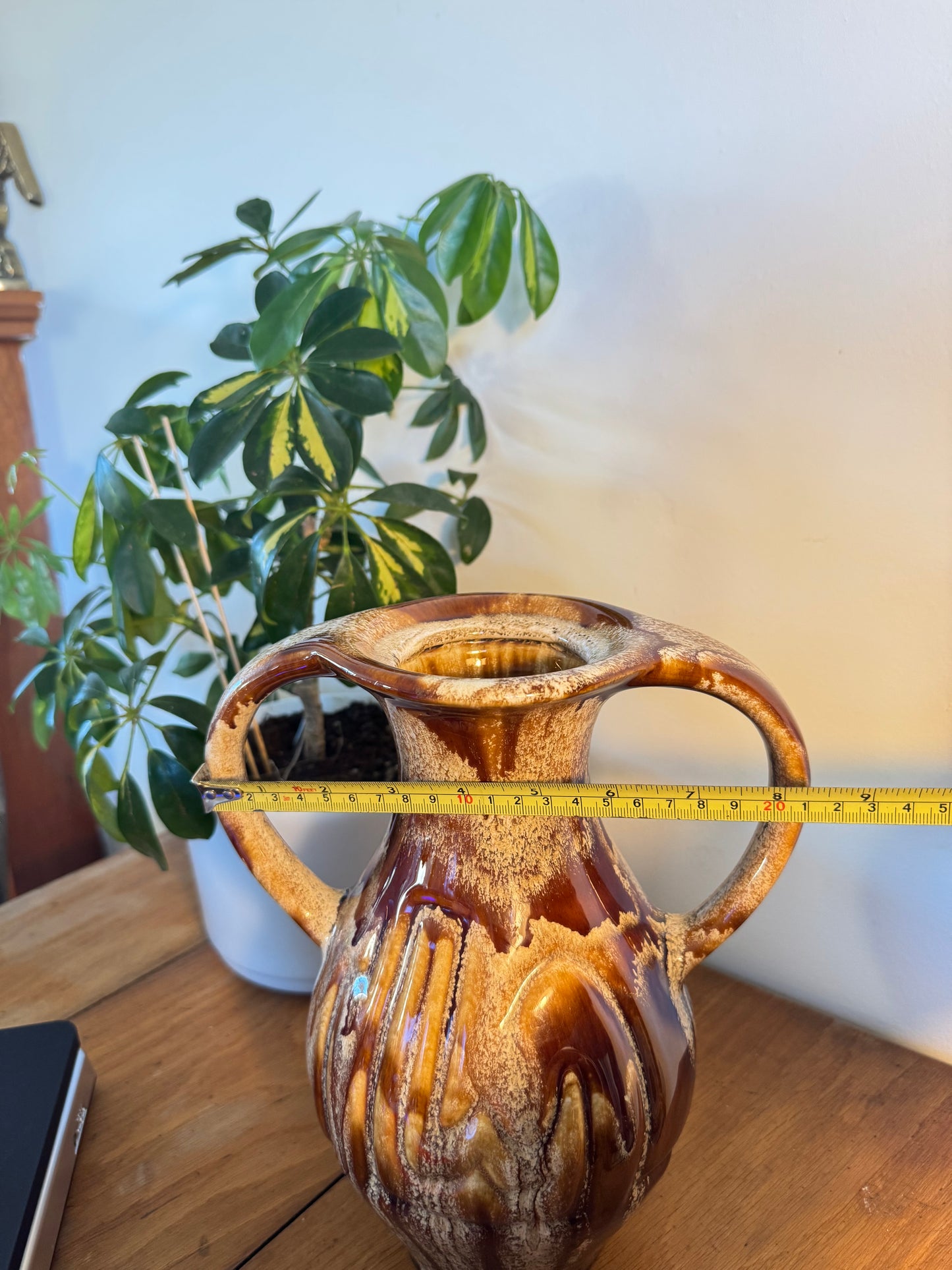 Large Ceramic Vase with Drip Glaze | Twin Double Handle | Vintage Retro Home decor |