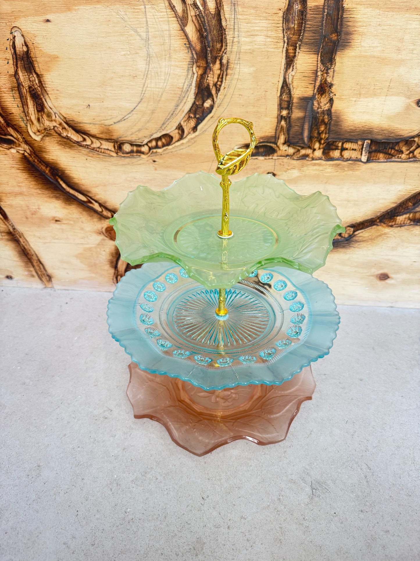 3-Tier Mismatched Coloured Glass Cake Stand with Gold Leaf Handle | Afternoon Tea Dinner Party | Kitsch Quirky | Vintage Retro |