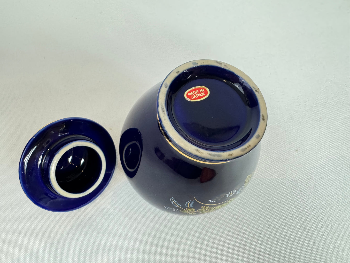 Miniature Japanese Ginger Jar Deep Blue with Gold Trim and Floral Detail Vintage