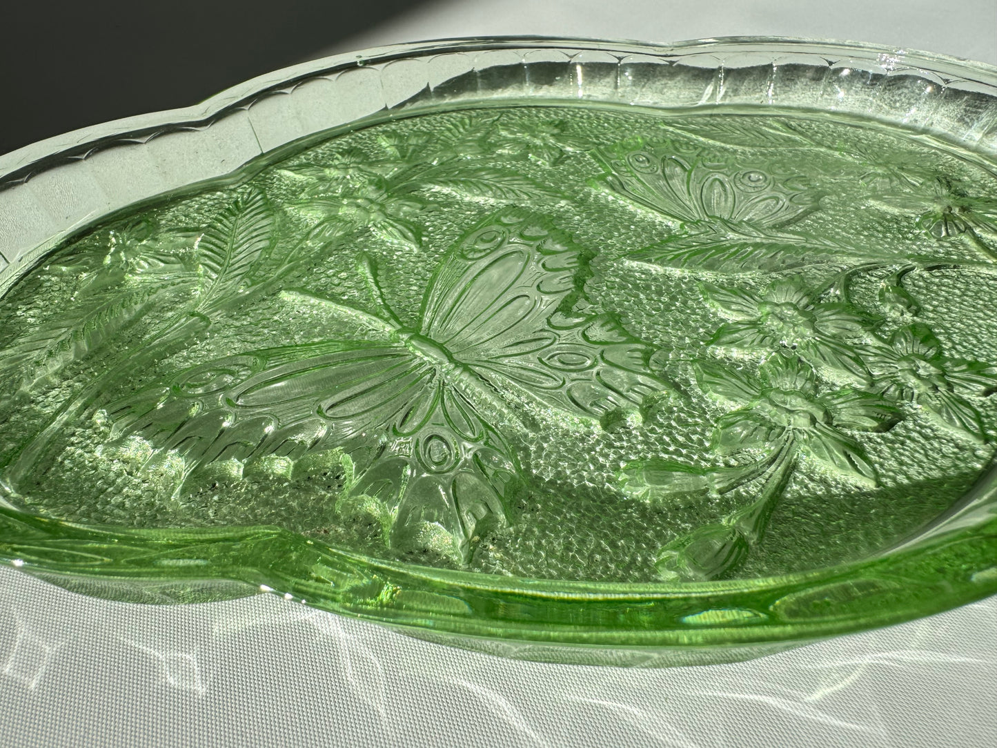 Sowerby 1930’s Green Cut Glass Vanity Tray | Butterfly Floral Pattern | Dressing Table | Retro Unique |