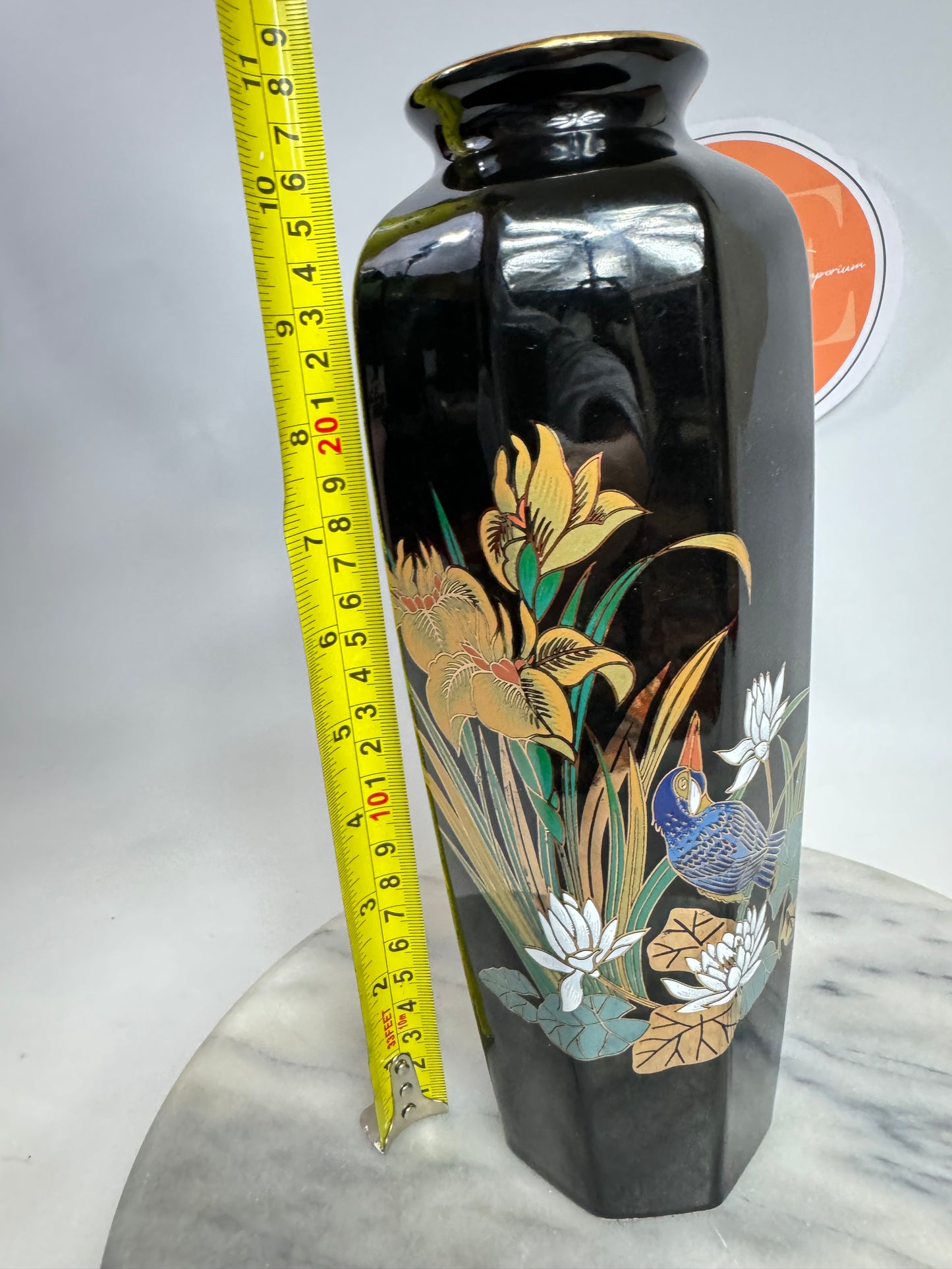 Large Black Porcelain Vase with Gold and Floral Detail | Vintage