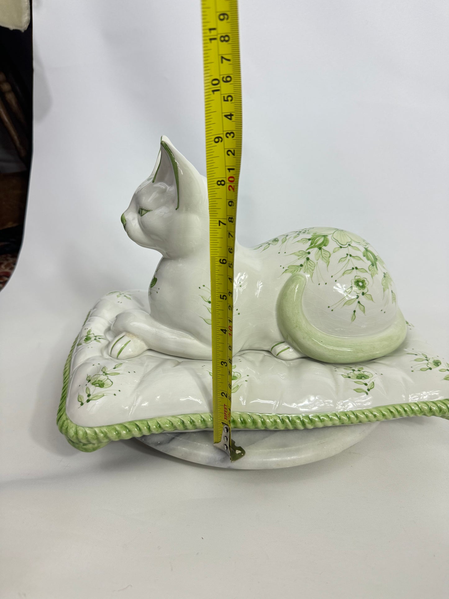 Large Italian Ceramic Green and White Hand Painted Cat | Vintage