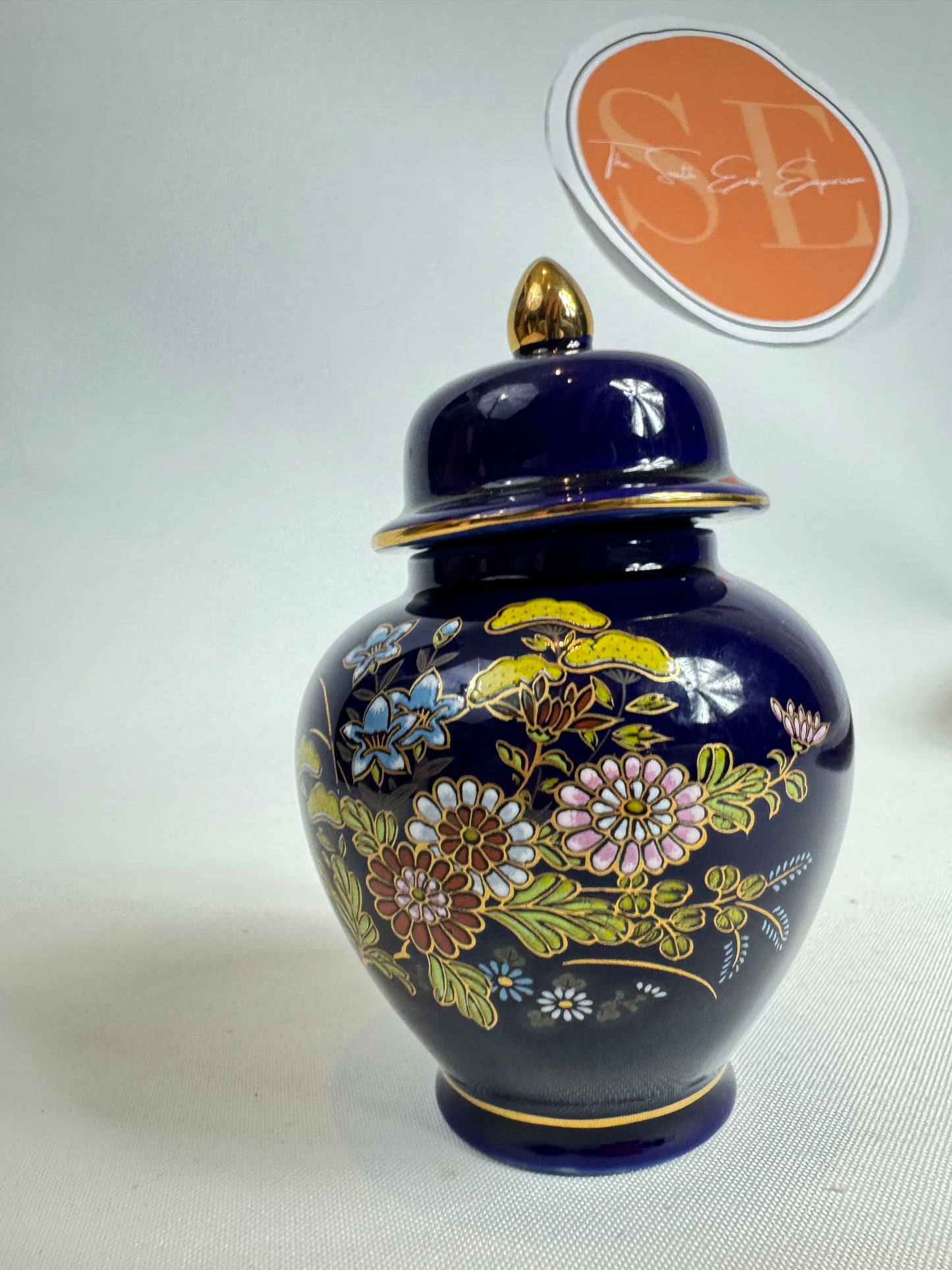 Miniature Japanese Ginger Jar Deep Blue with Gold Trim and Floral Detail Vintage