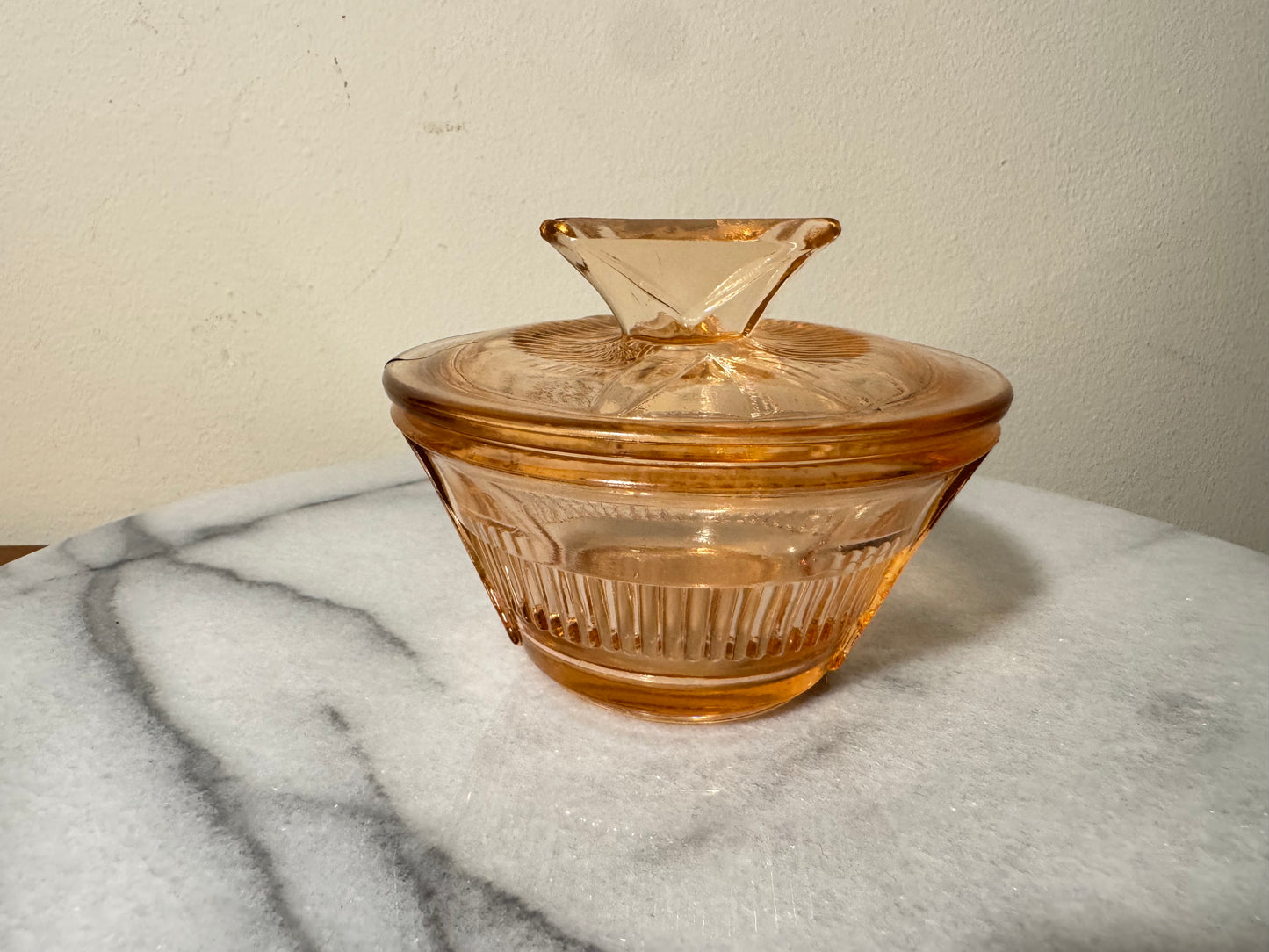 Small Pressed Glass Trinket Vanity Dish with Lid | Art Deco Vintage Retro | Pink |